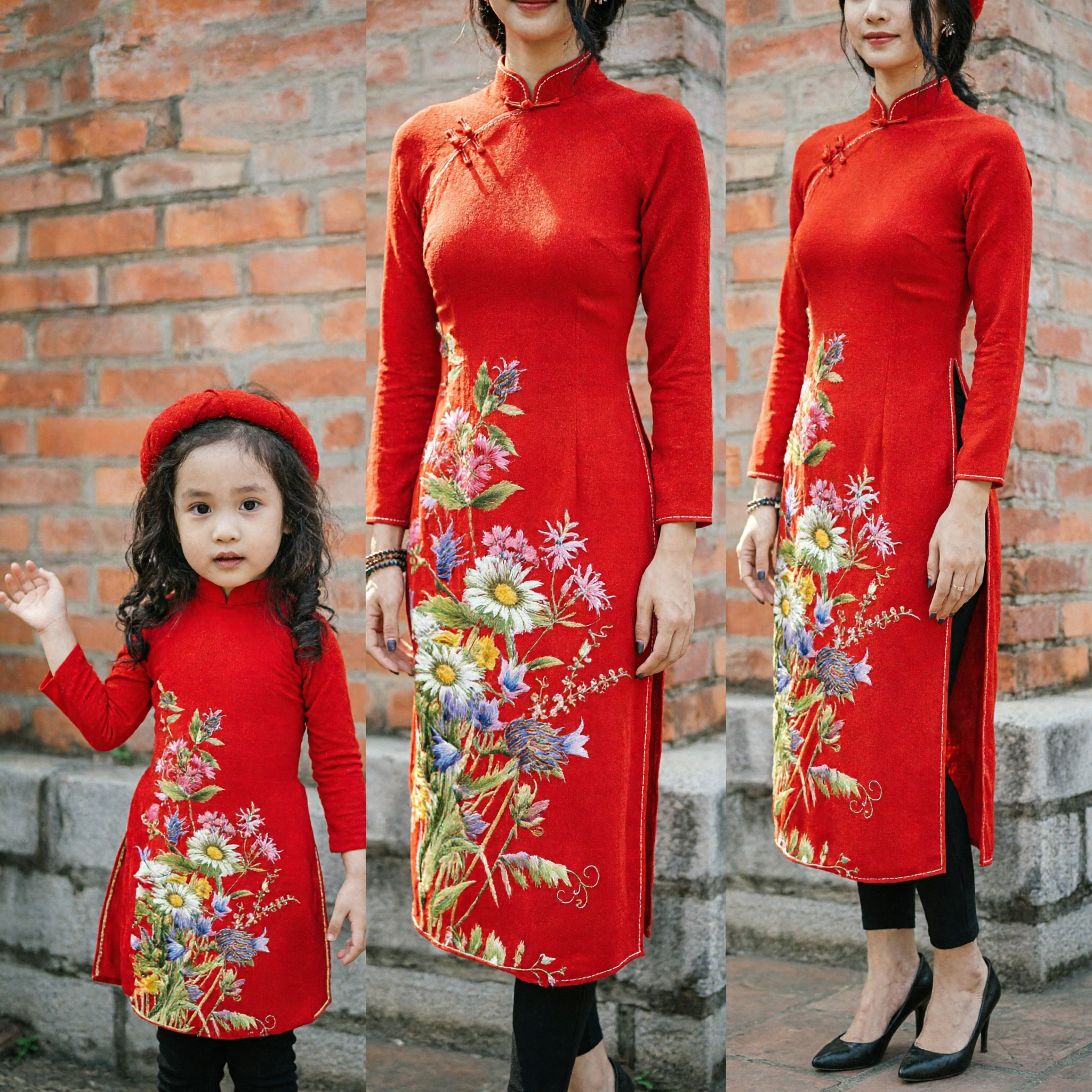 Conjunto Tradicional Vietnamita Áo Dài a Juego para Madre e Hija, Vestido Largo Rojo con Estampado Floral para el Festival del Tet - Asian Costume