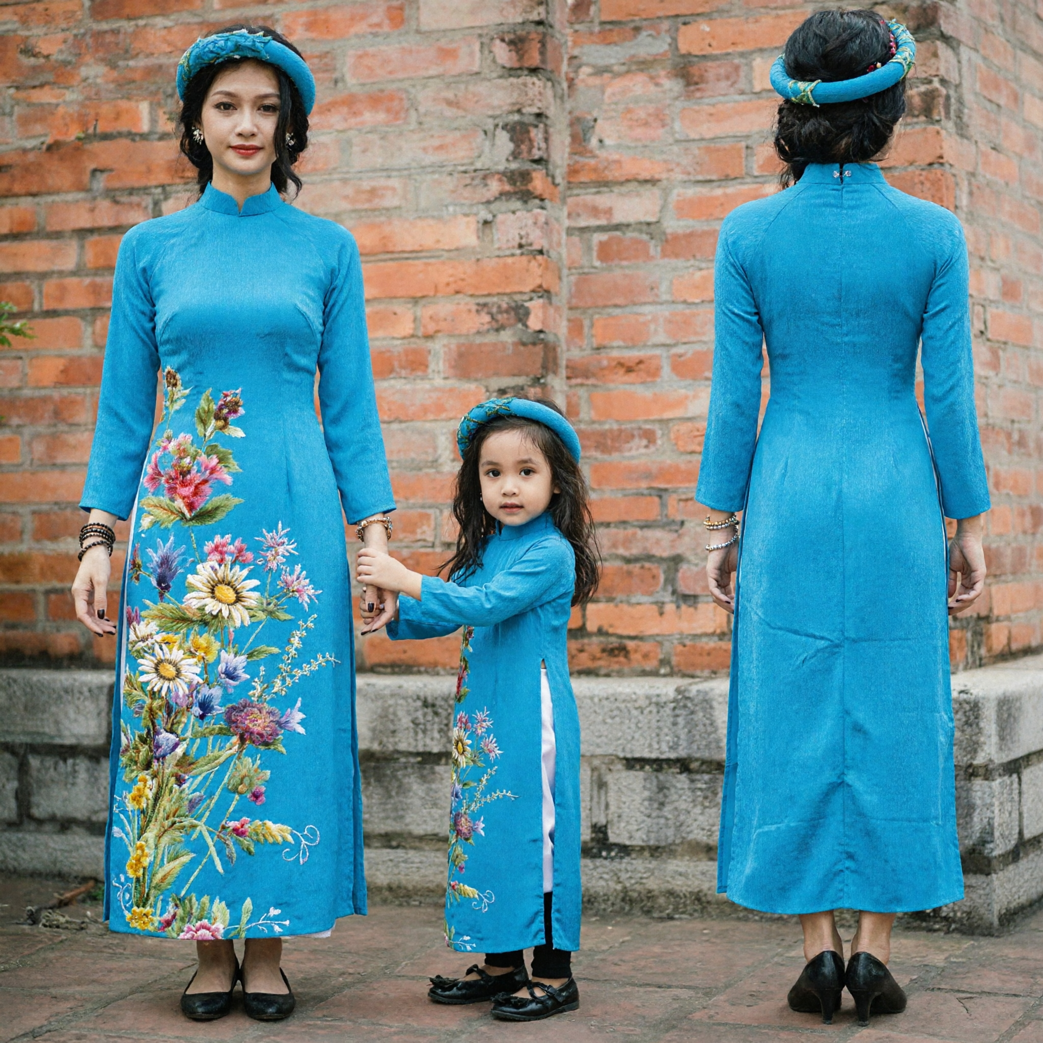 Elegante Áo Dài Vietnamita Azul Floral a Juego para Madre e Hija, Vestido Tradicional para Bodas y las Vacaciones del Tet - Asian Costume