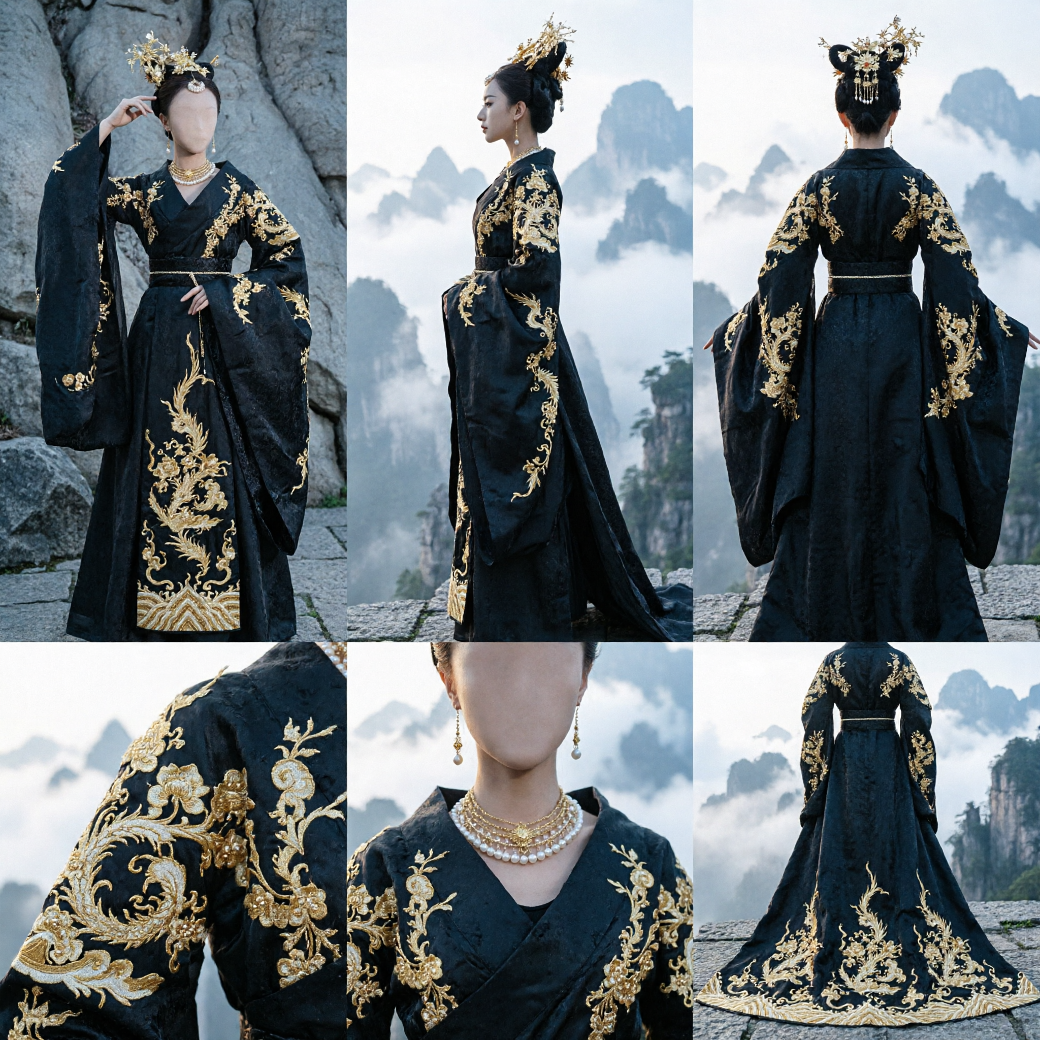 Abito Hanfu Nero Cinese Antico per Donne Costume da Principessa Dramma Storico con Ricamo Dorato - Asian Costume