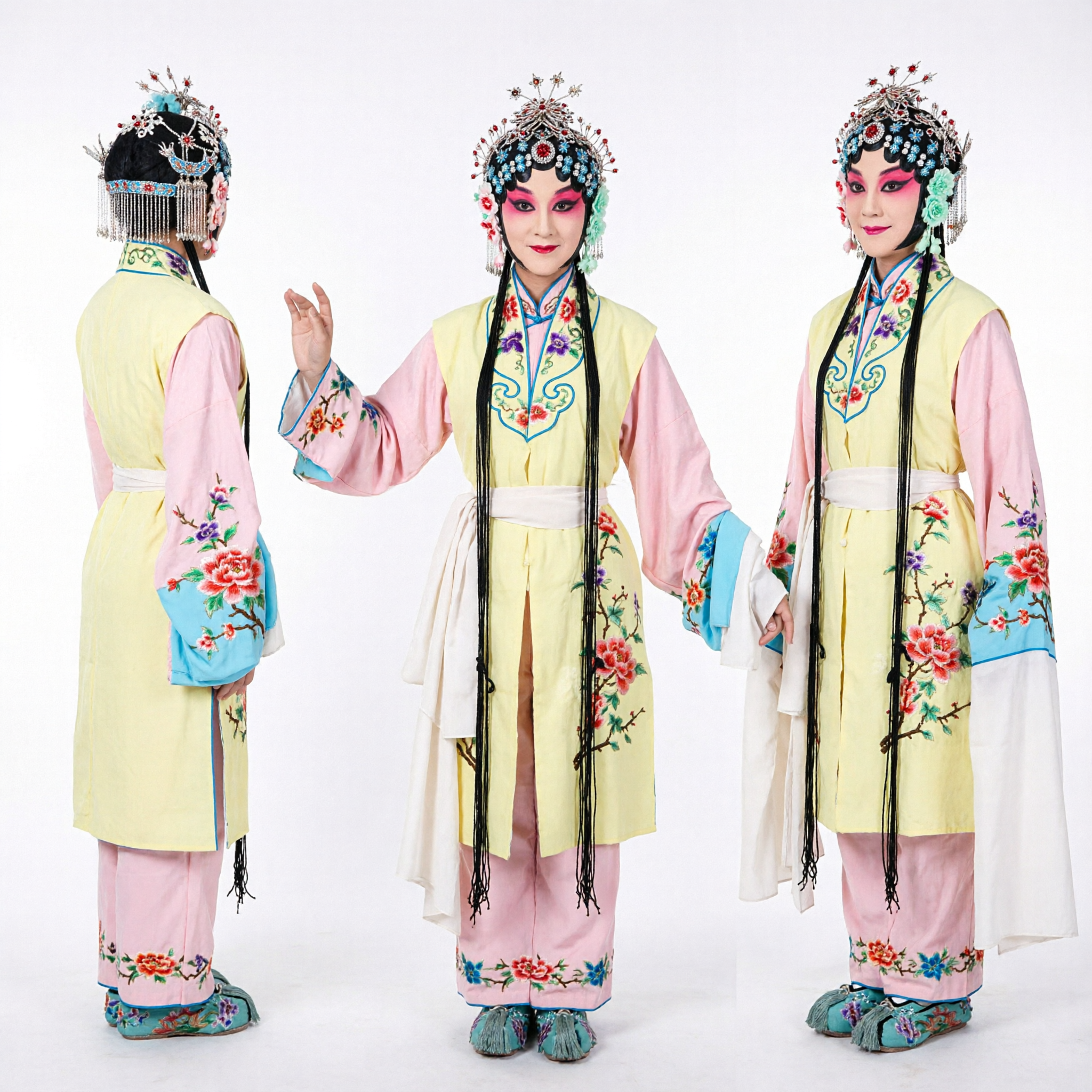 Costume traditionnel d'opéra chinois pour femmes Robe de performance scénique Hua Dan à broderie florale jaune et rose - Asian Costume