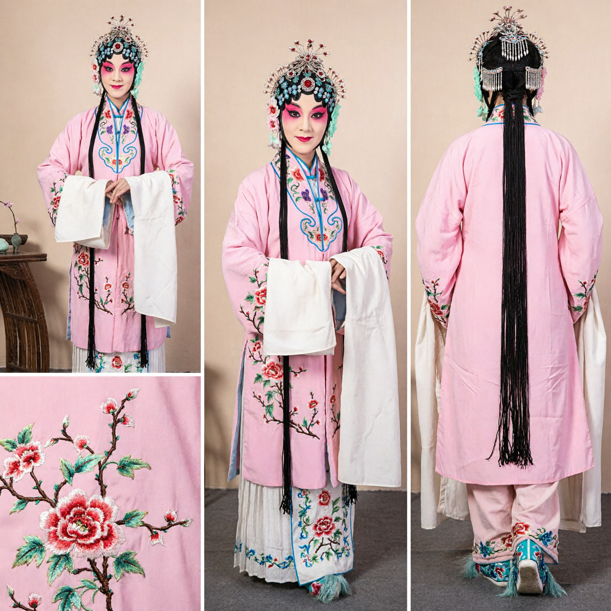Costume traditionnel d'opéra de Pékin pour femmes Ensemble complet avec robe brodée rose, coiffe et accessoires - Asian Costume