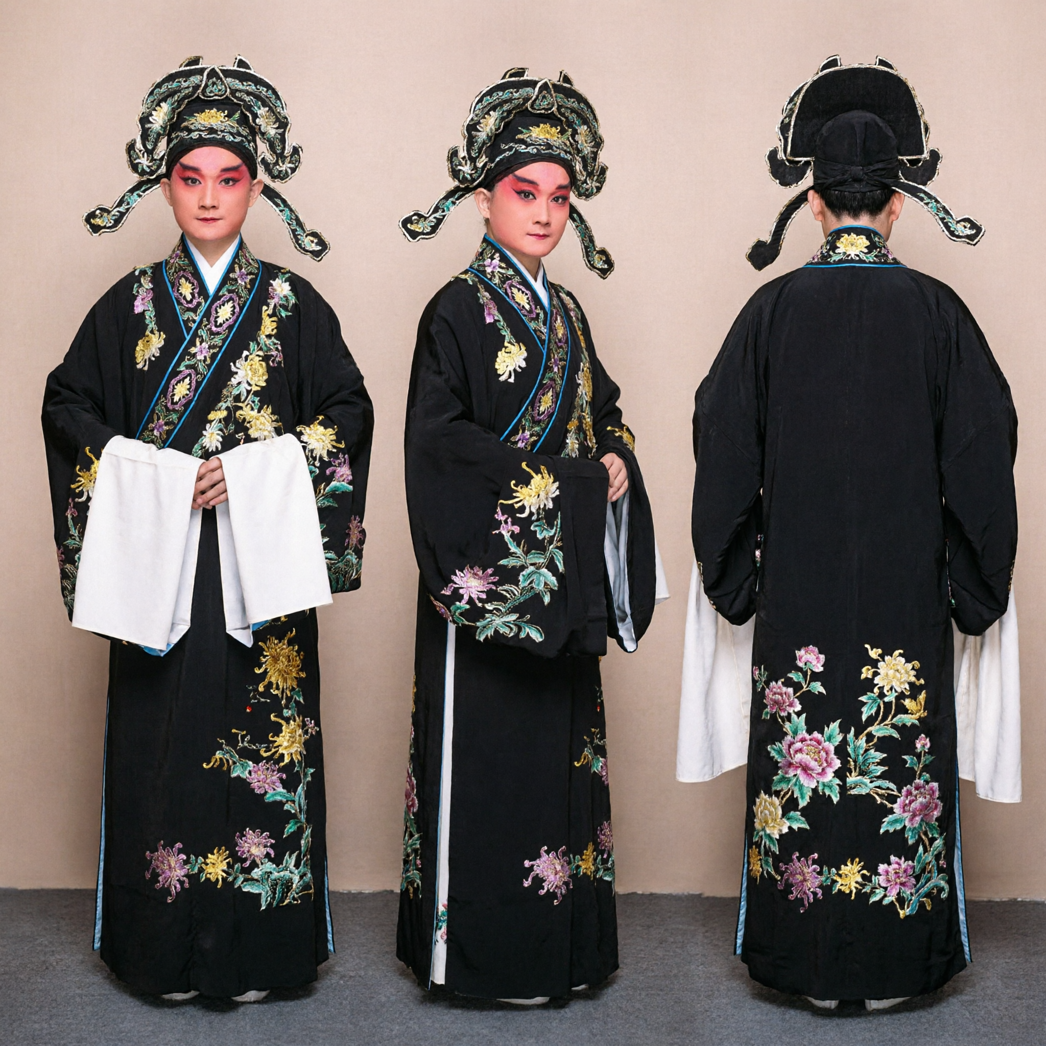Set Tradizionale Opera di Pechino Cinese Veste da Studioso Ricamata Nera e Cappello per Uomini Performance - Asian Costume