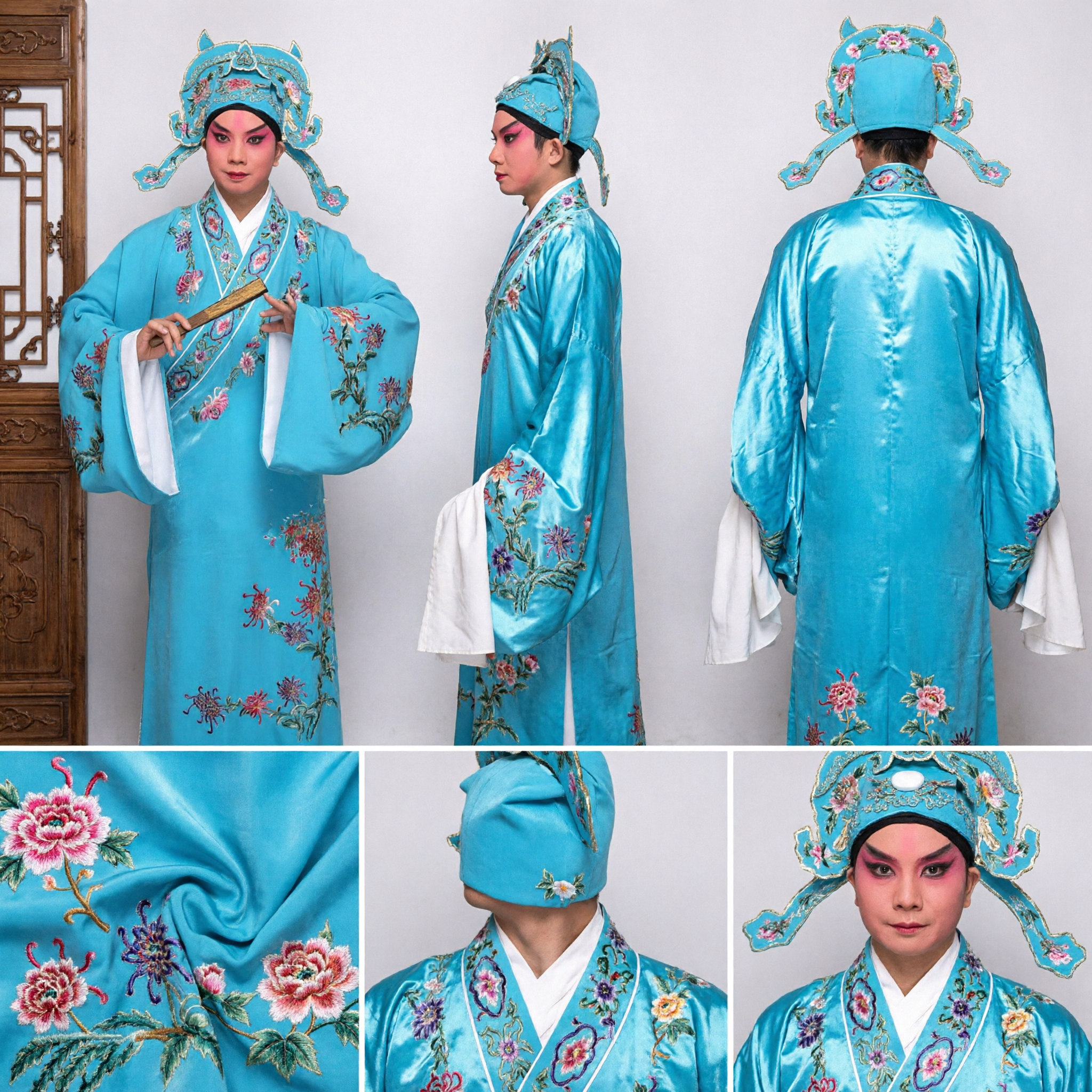 伝統的中国京劇 青い学者衣装一式セット 刺繍・帽子付き 舞台パフォーマンス向け - Asian Costume