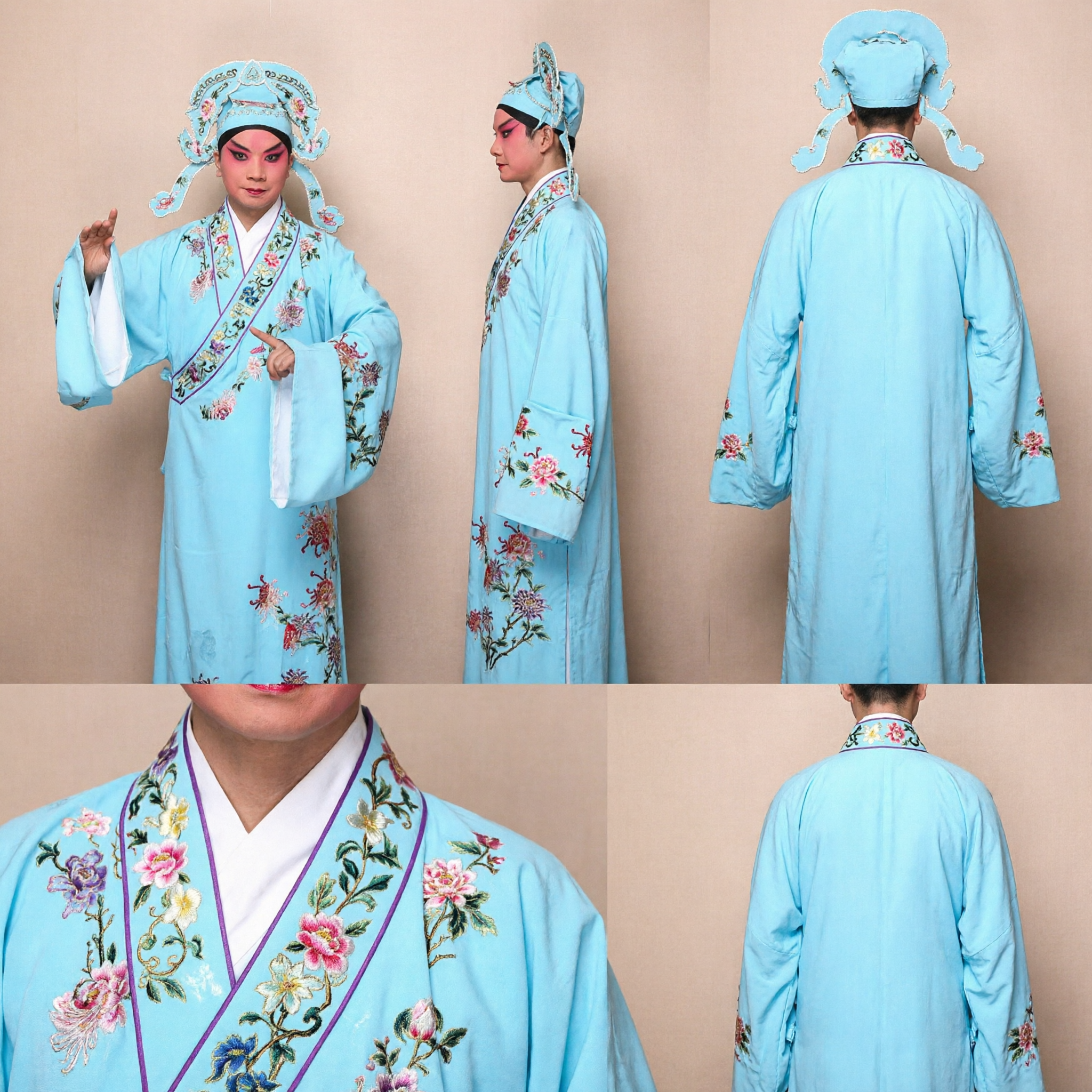 Costume Opera di Pechino Tradizionale Cinese per Uomini Veste da Studiore Ricamata Blu Abbigliamento Antico per Performance Teatrale - Asian Costume