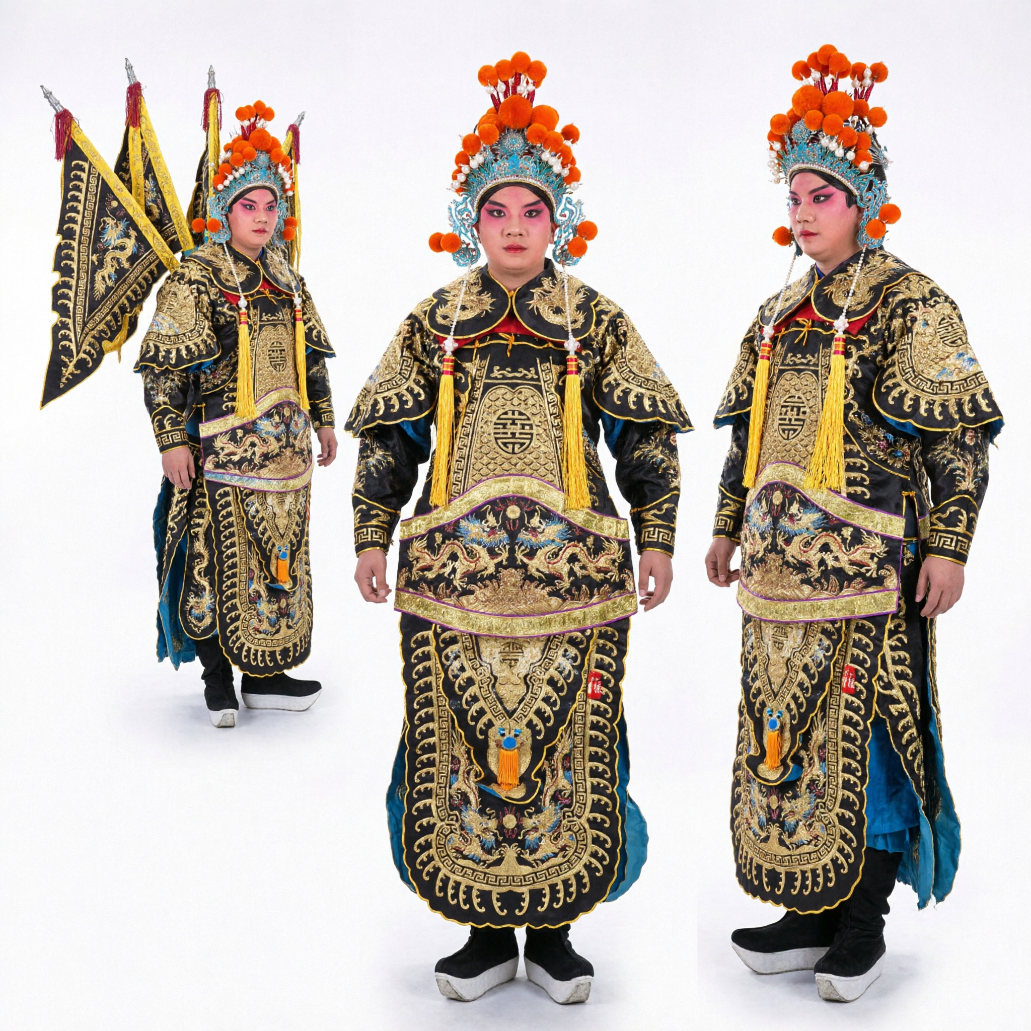Traditionelles chinesisches Peking-Oper General-Rüstung-Kostüm Schwarz Gold Drachenstickerei mit Fahnen für erwachsenen männlichen Darsteller - Asian Costume
