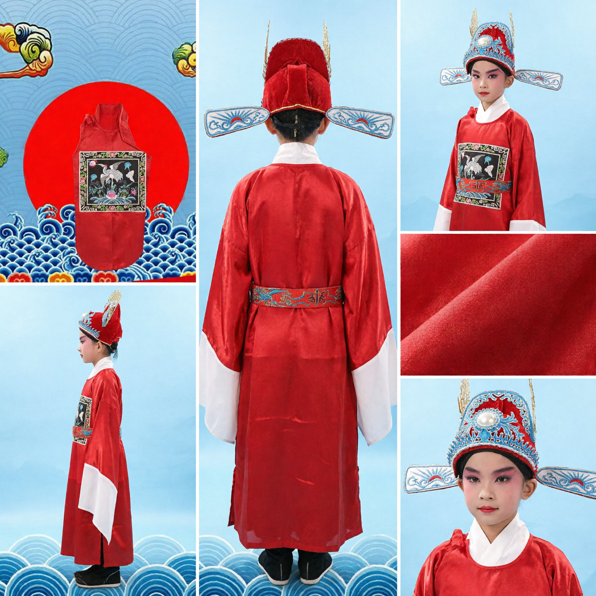 Costume d'Officiel d'Opéra de Pékin Traditionnel pour Enfants - Robe Rouge avec Broderie de Grue pour Spectacles - Asian Costume
