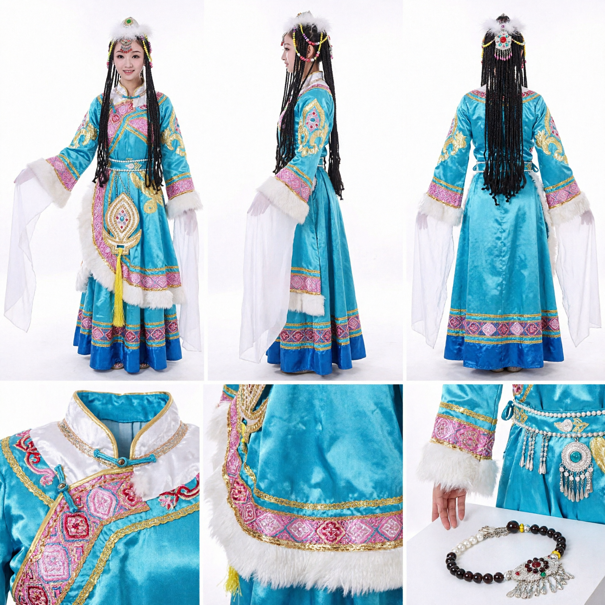 زي الرقص الشعبي التبتي الصيني التقليدي - فستان أزرق بأكمام مائية طويلة لأداء النساء - Asian Costume