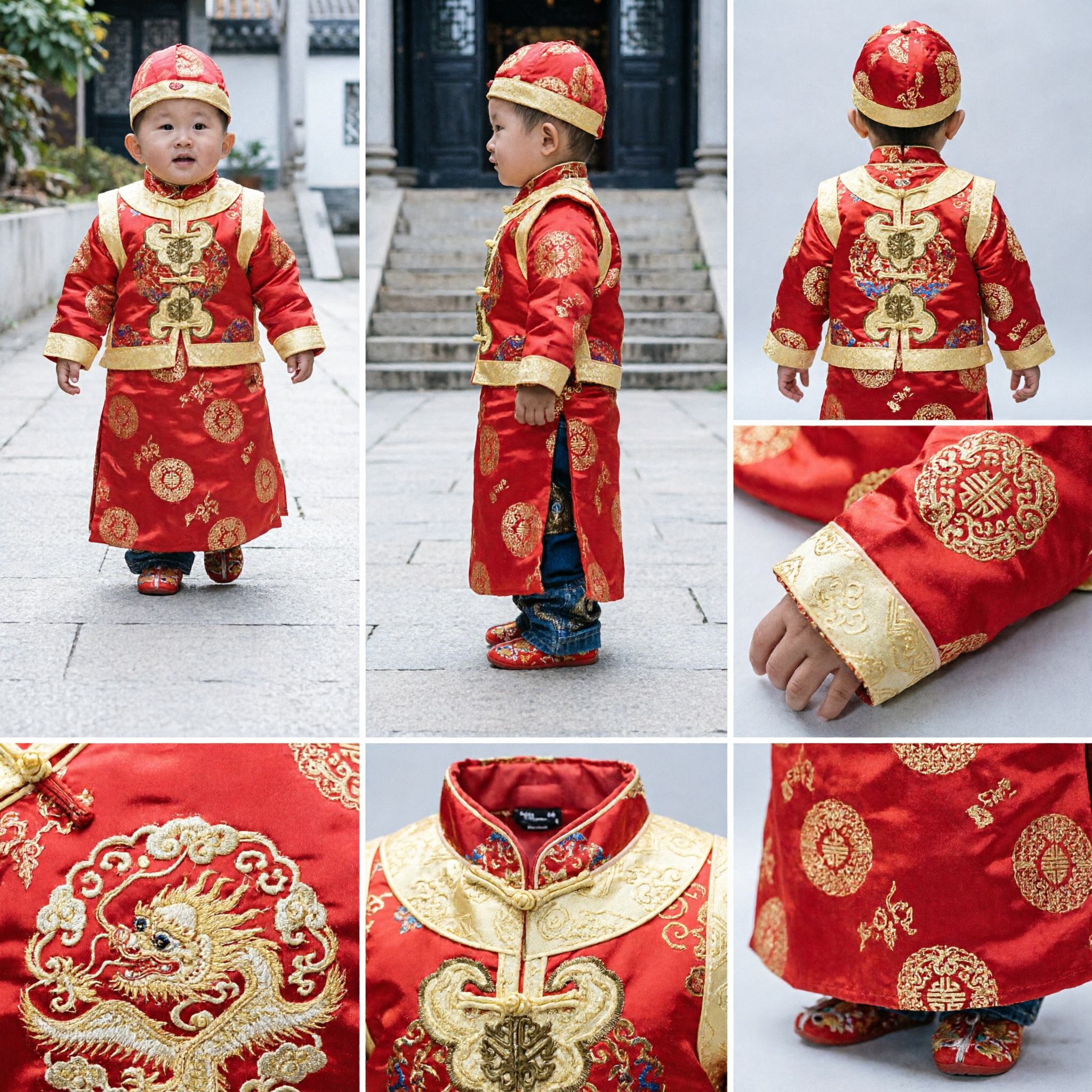 Costume Tradizionale Cinese per Neonato Tang Suit Rosso e Oro per Festività, Capodanno e Matrimoni - Asian Costume