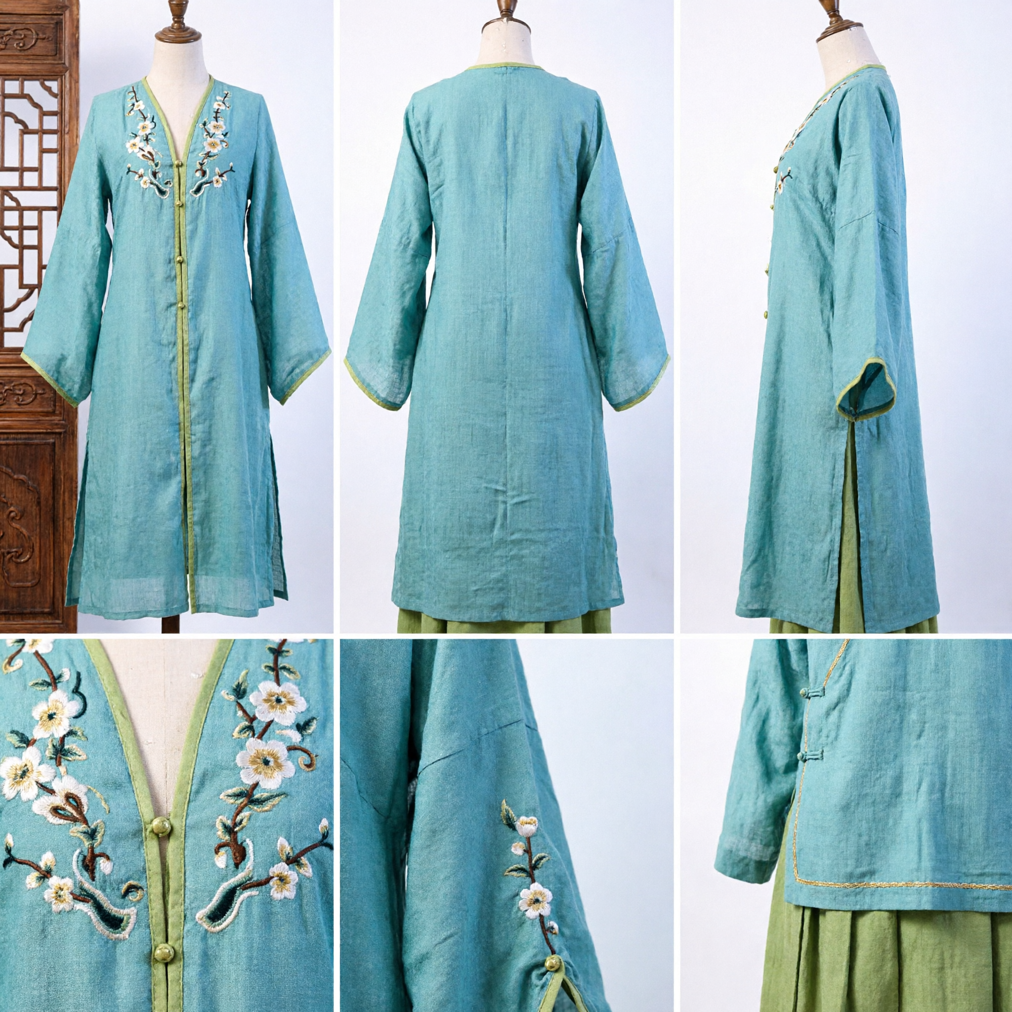 Elegant Turquoise Embroidered Abaya Kaftan Open Front Kimono Sleeve Long Modest Dress for Women - Asian Costume