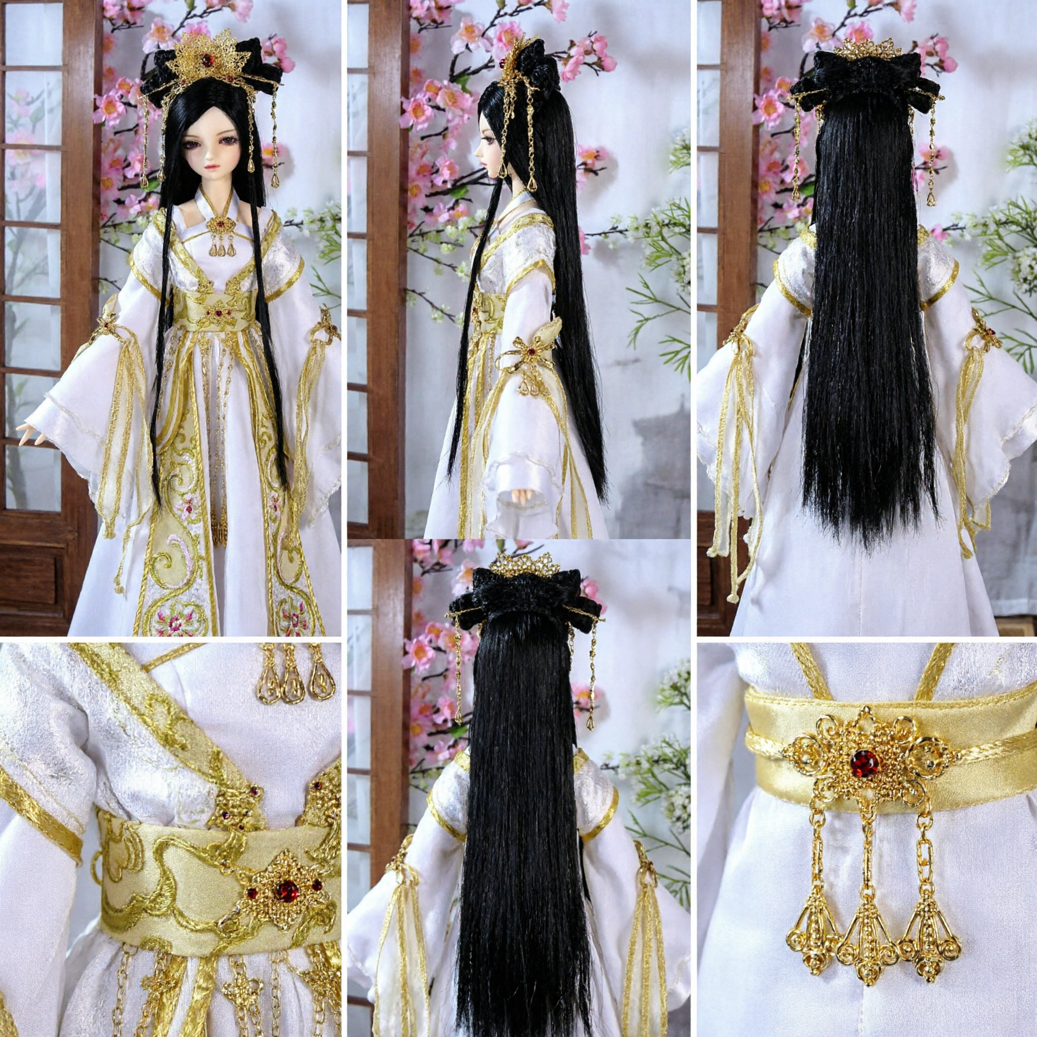 Set Squisito di Vestiti per Bambole Hanfu Tradizionali Cinesi, Costume da Sposa Principessa Antica in Bianco e Oro con Copricapo - Asian Costume