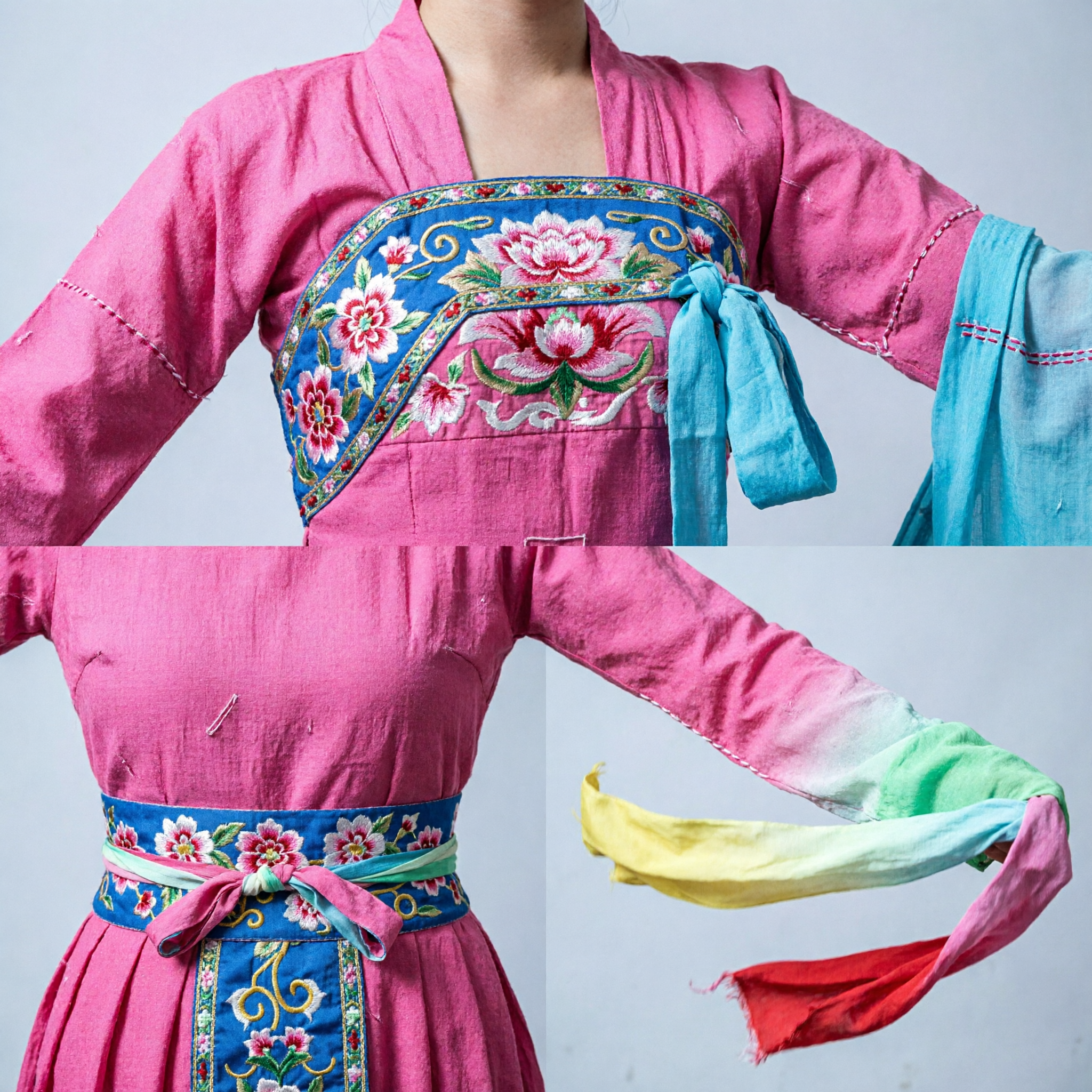 Traje Vibrante Rosa para Danza de Cintas China con Mangas Largas de Agua de Seda Multicolor para Presentaciones Folclóricas - Asian Costume