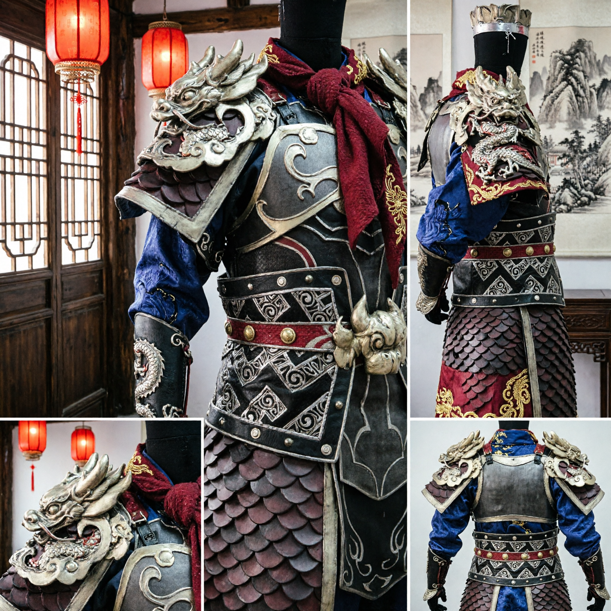 Antikes chinesisches General-Schwarzpanzer-Kostüm für Männer-Cosplay, LARP, Wuxia-Krieger-Outfit mit Drachen-Details - Asian Costume