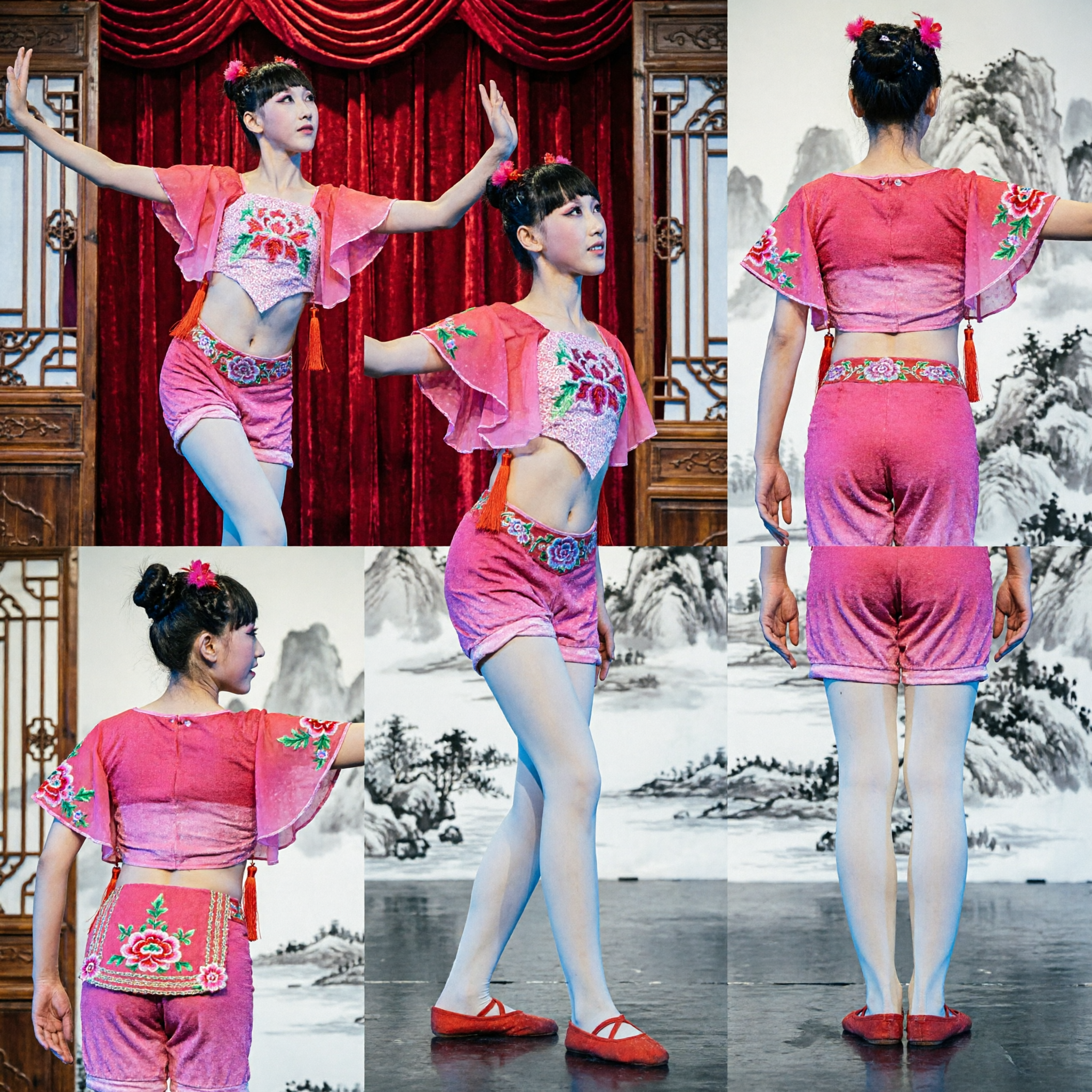 Traje de Dança Folclórica Chinesa Rosa para Mulheres Vestimenta para Performance Yangge com Bordado Floral e Mangas Rodeadas - Asian Costume