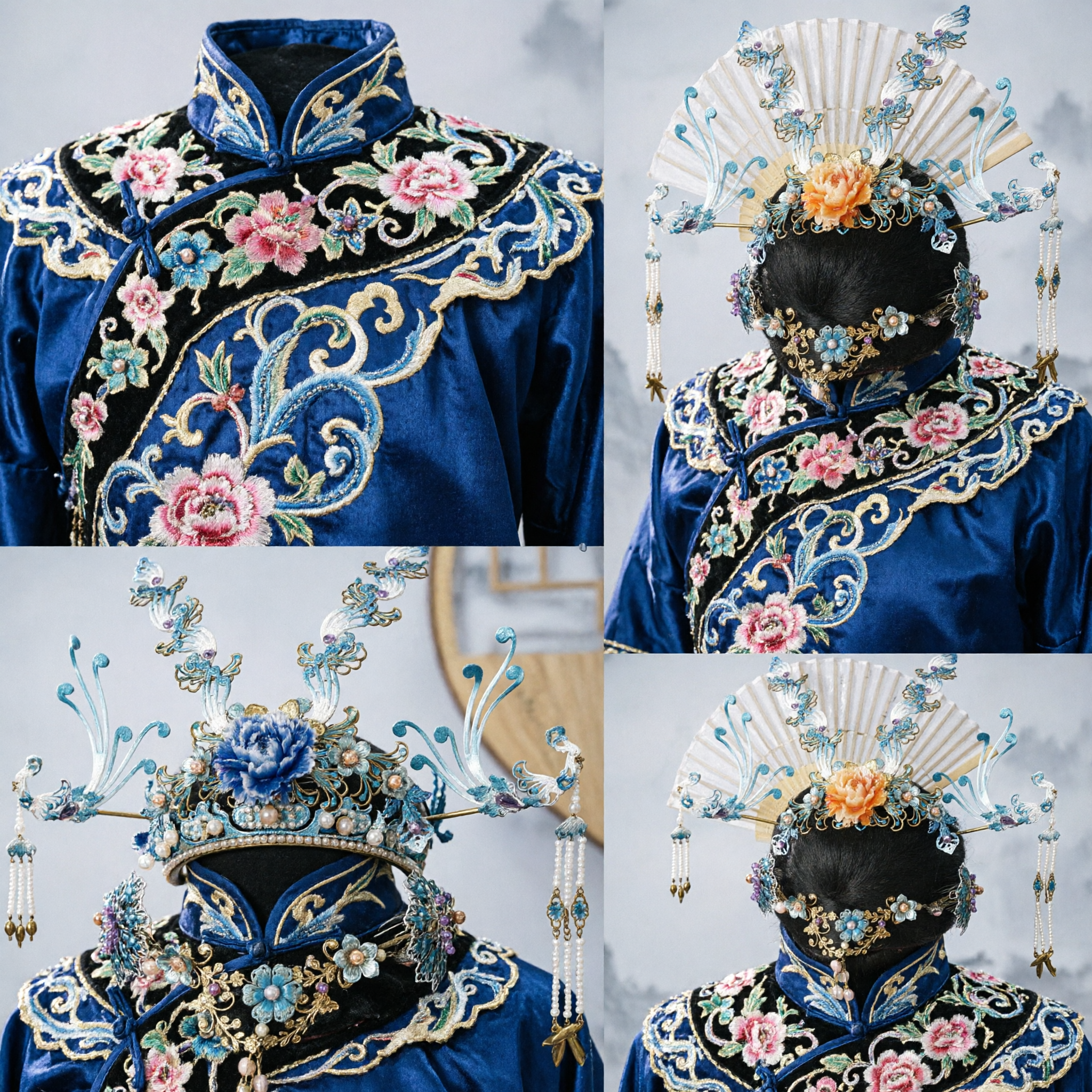 중국 전통 한푸 헤어 액세서리 파란색 봉황 관 금색 필리그리 신부 머리장식 웨딩용 - Asian Costume