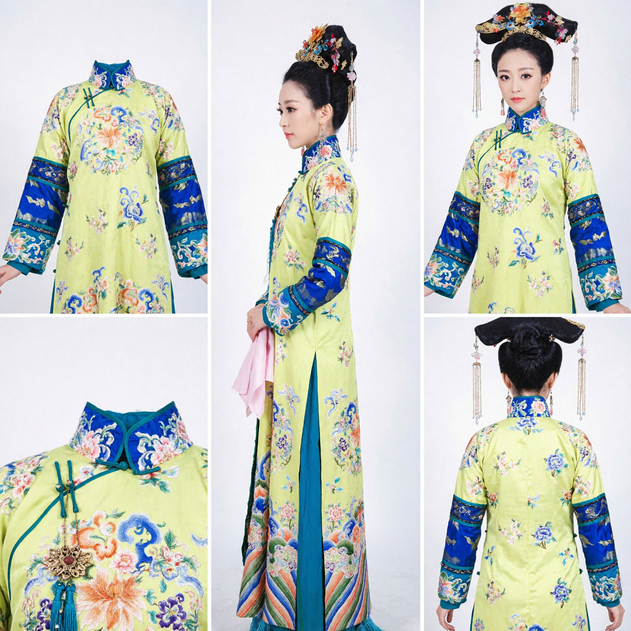 中国伝統 清朝貴妃衣装 黄色の花刺繍ローブと髪飾りセット 女性用 - Asian Costume