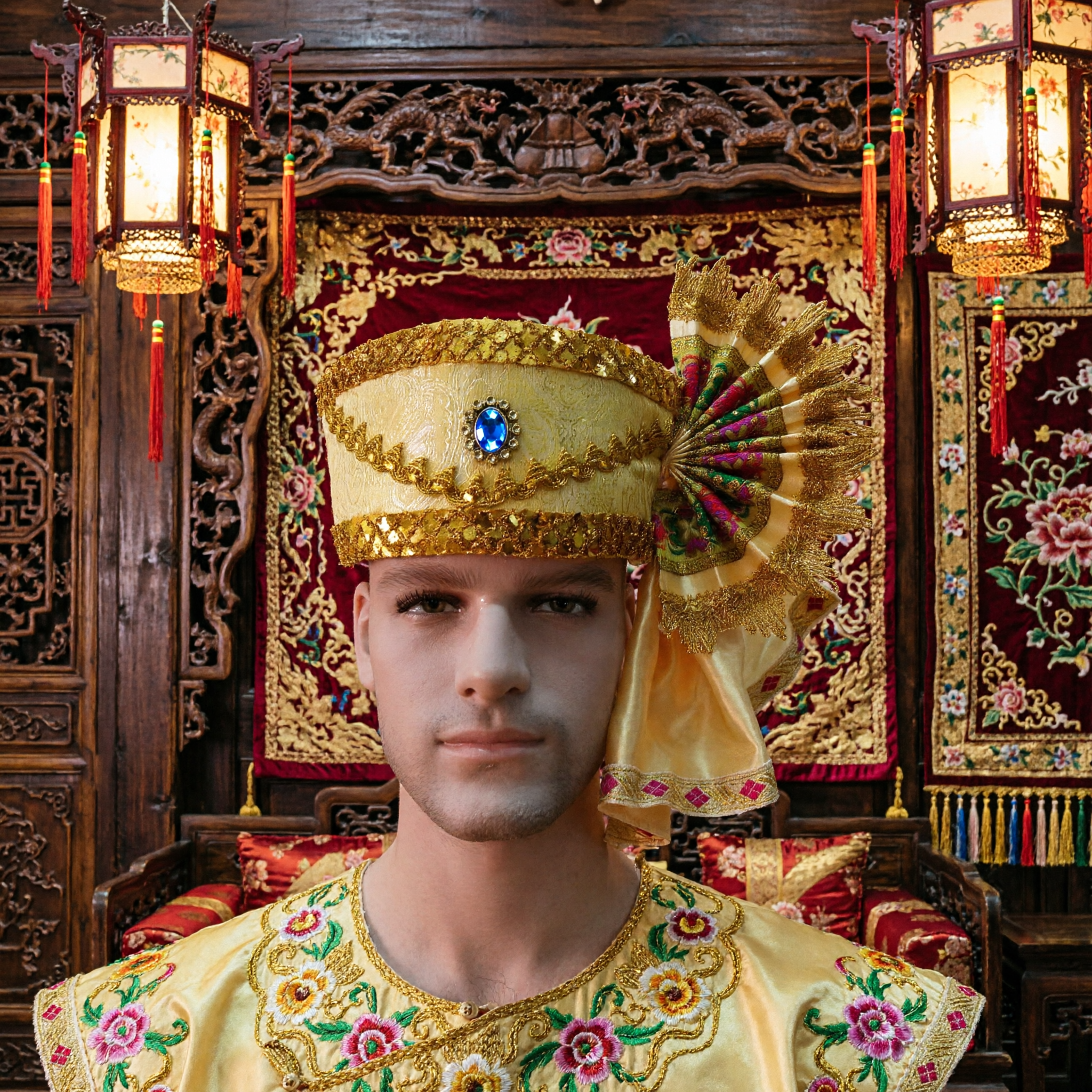 Traditionele Chinese Etnische Gouden Danshoed met Blauwe Edelsteen en Zijwaaier voor Mannen Podiumoptreden - Asian Costume