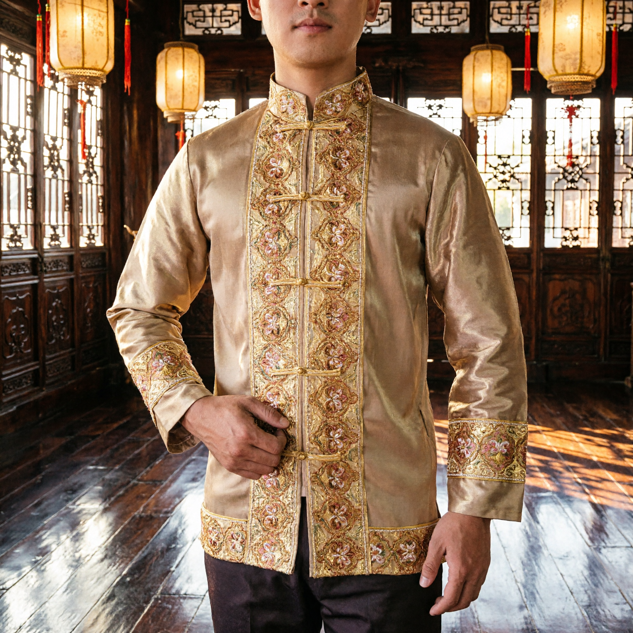 Traje de Performance Kung Fu Tai Chi Tradicional Chinês para Homens Top de Seda Tang Suit com Bordado Dourado - Asian Costume