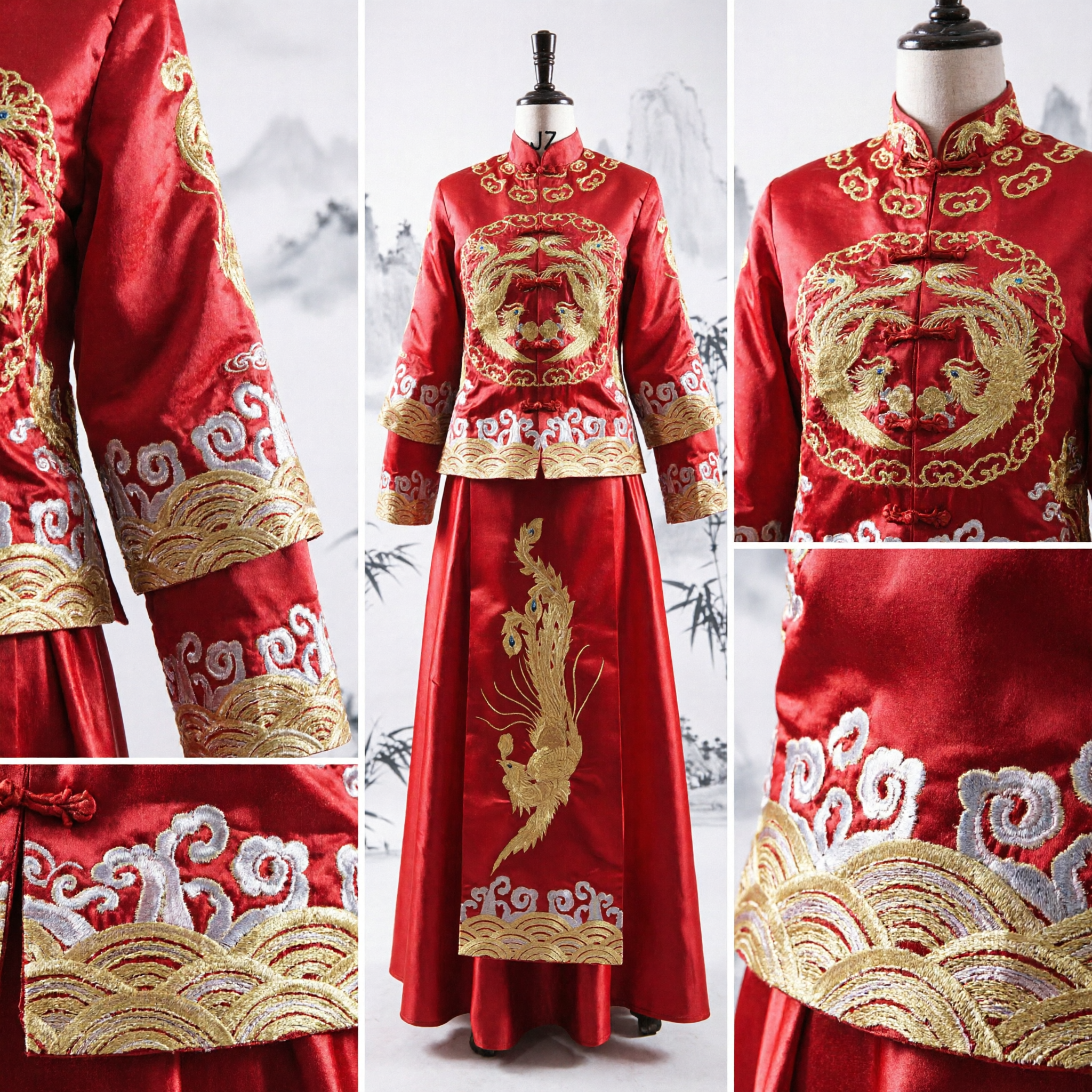 伝統的中国 秀禾服ウェディングドレス 女性用 赤と金の刺繍鳳凰龍ガウンセット - Asian Costume