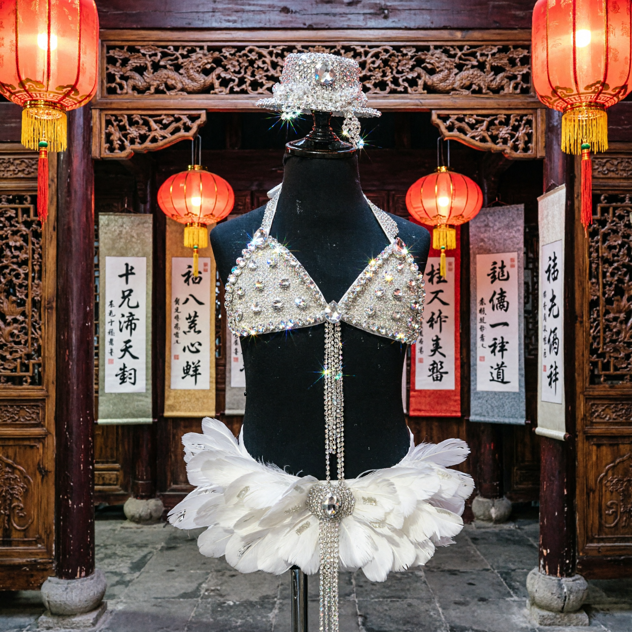 여성 실버 라이네스톤 홀터 탑 및 화이트 페더 스커트 버라이어티 쇼걸 의상 세트 (모자 포함) - Asian Costume