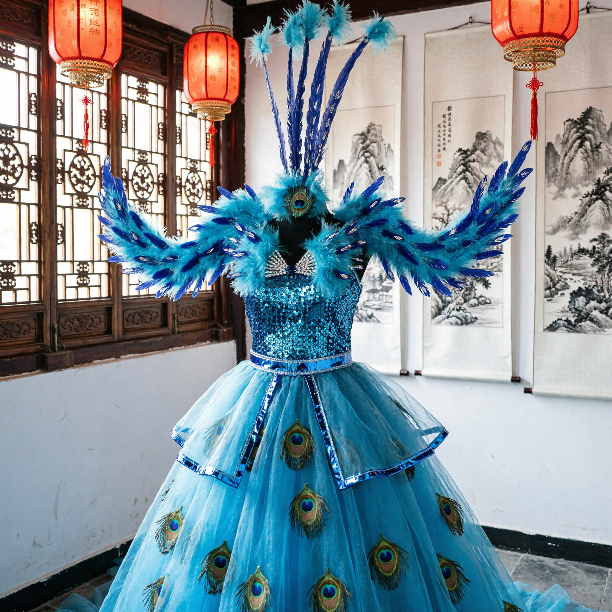 Women's Blue Peacock Feather Stage Costume Samba Carnival Dance Dress for Professional Performance - Asian Costume