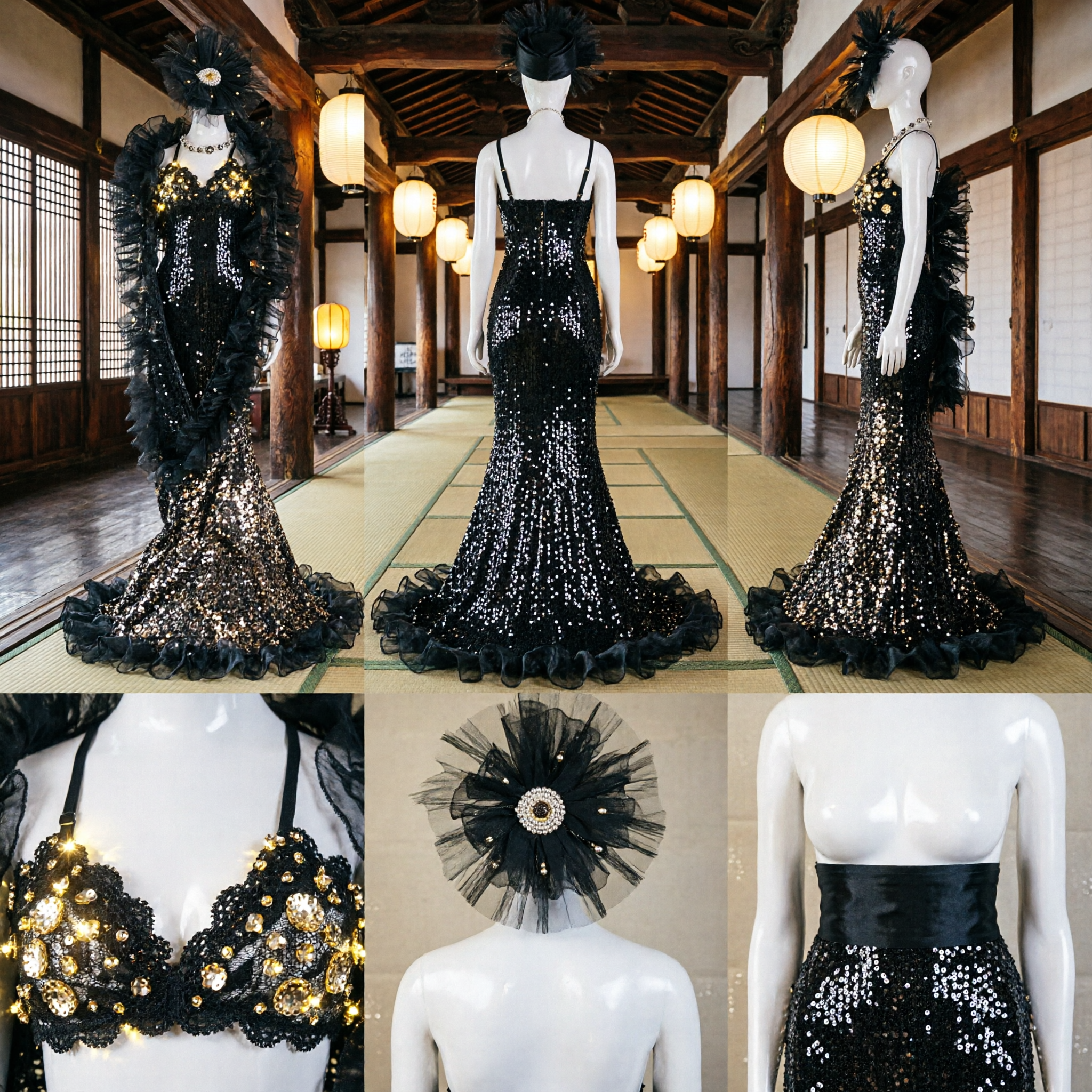 مجموعة زي عارضة الاستعراض للنساء أسود وذهبي مع لمعان وريش - لعروض السامبا البرازيلية والكارنفال المسرحية - Asian Costume