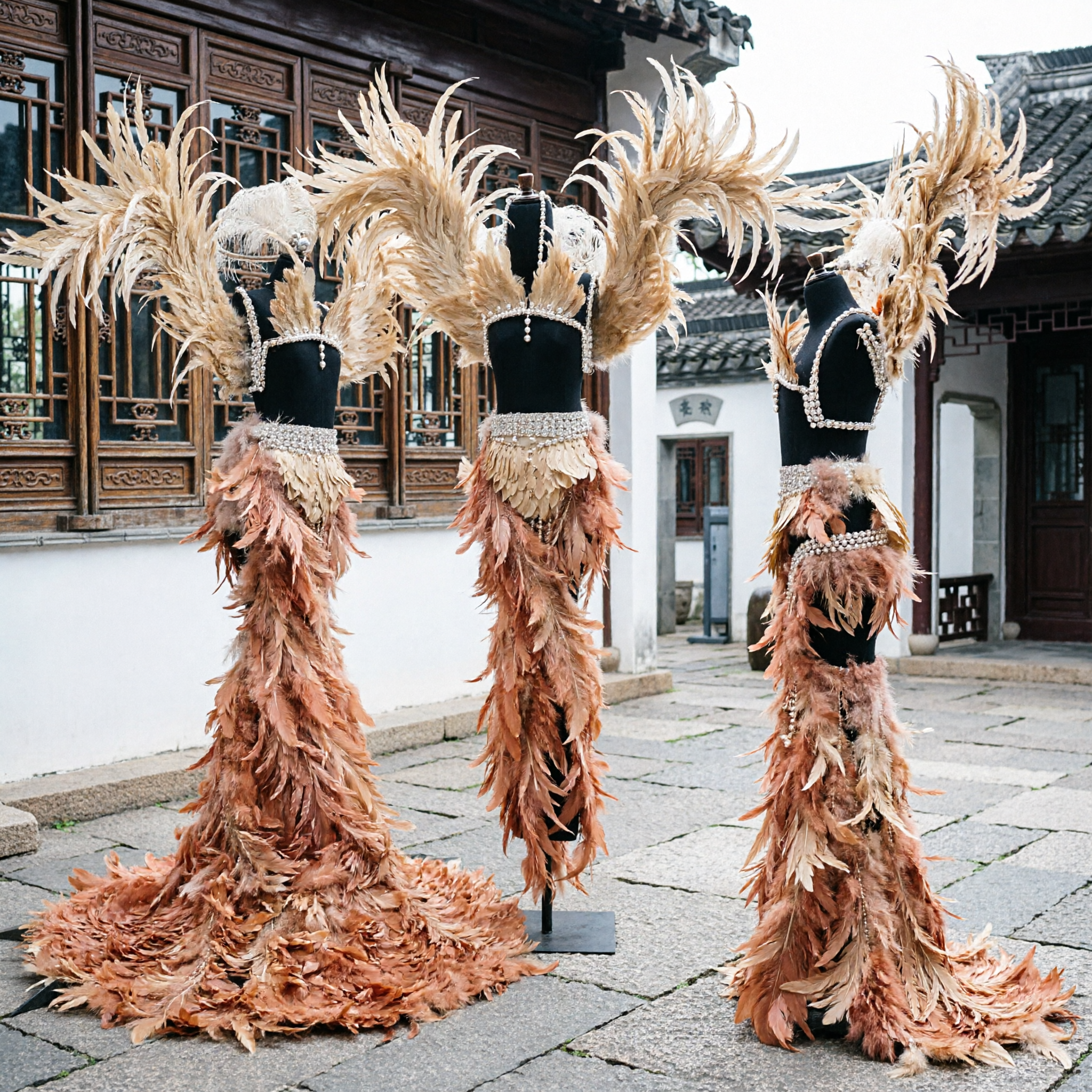 زي عارضة الاستعراض الذهبي للنساء مع أجنحة وتنورة كبيرة للكارنفال والعروض المسرحية - Asian Costume