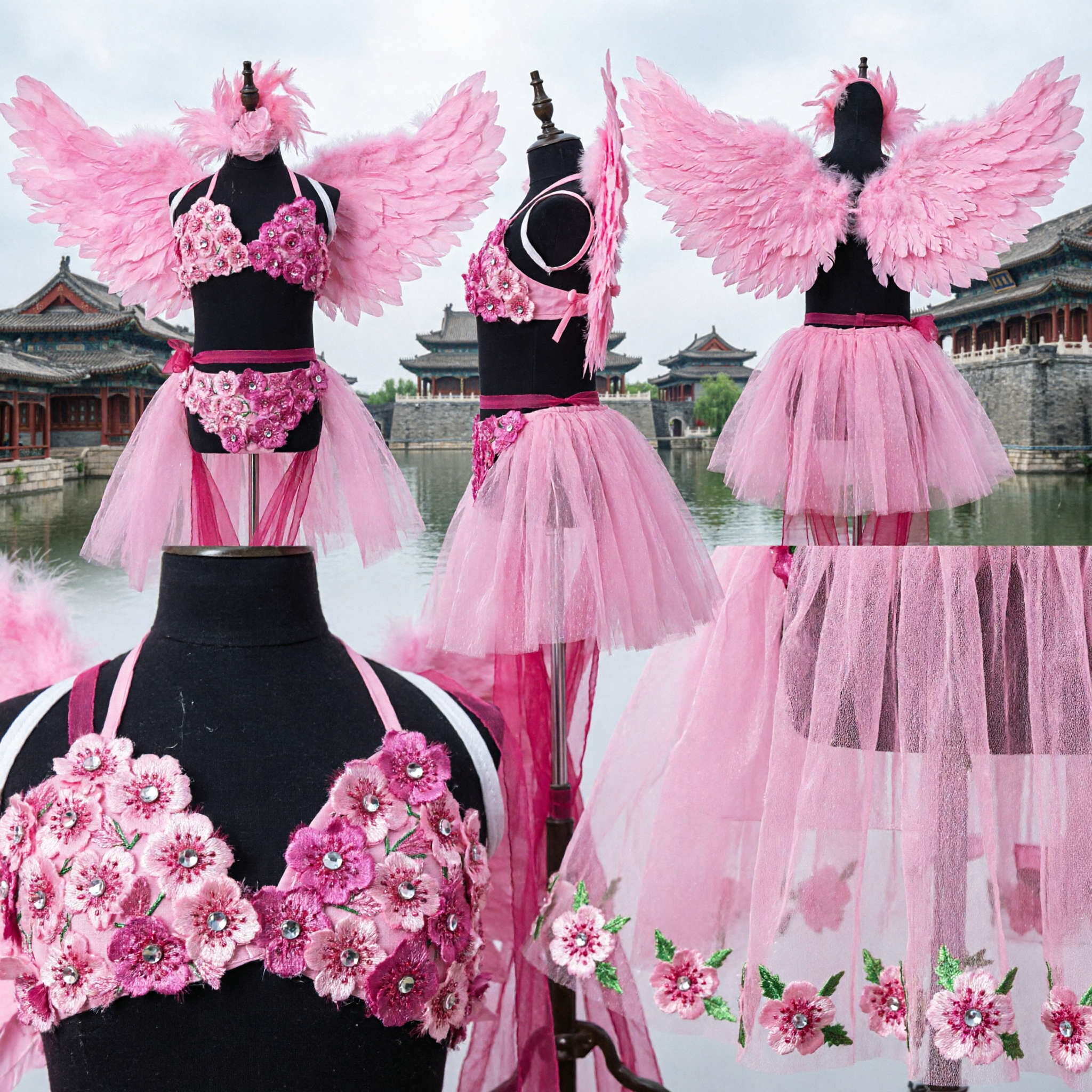 Roze Veren Gevleugeld Podium Kostuum met Lange Tule Sleep en Hoofdtooi voor Vrouwen Carnavalsdans - Asian Costume
