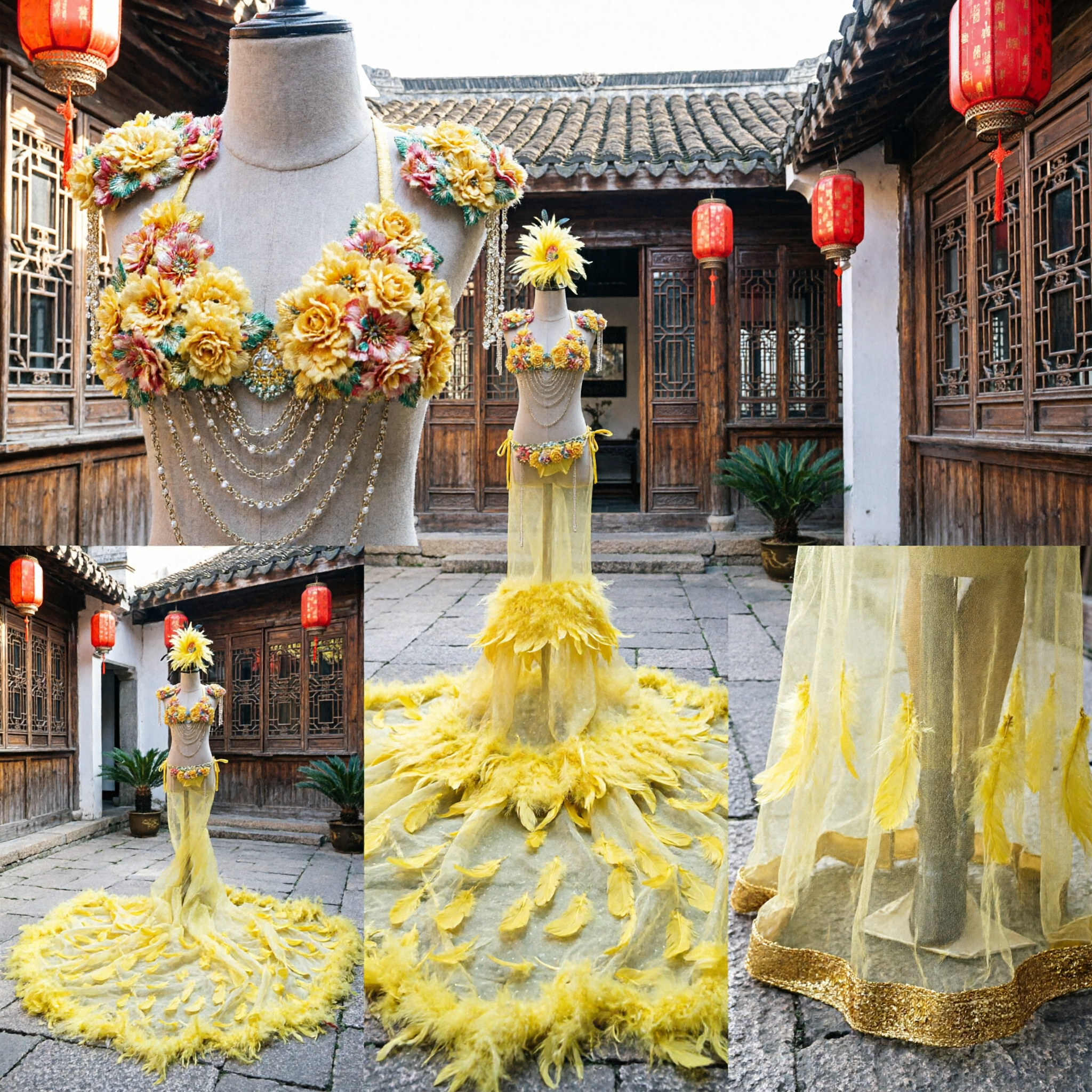 زي الكارنفال الأصفر للنساء بالريش - ملابس عارضة استعراض السامبا - مجموعة العروض المسرحية البرازيلية مع غطاء رأس - Asian Costume