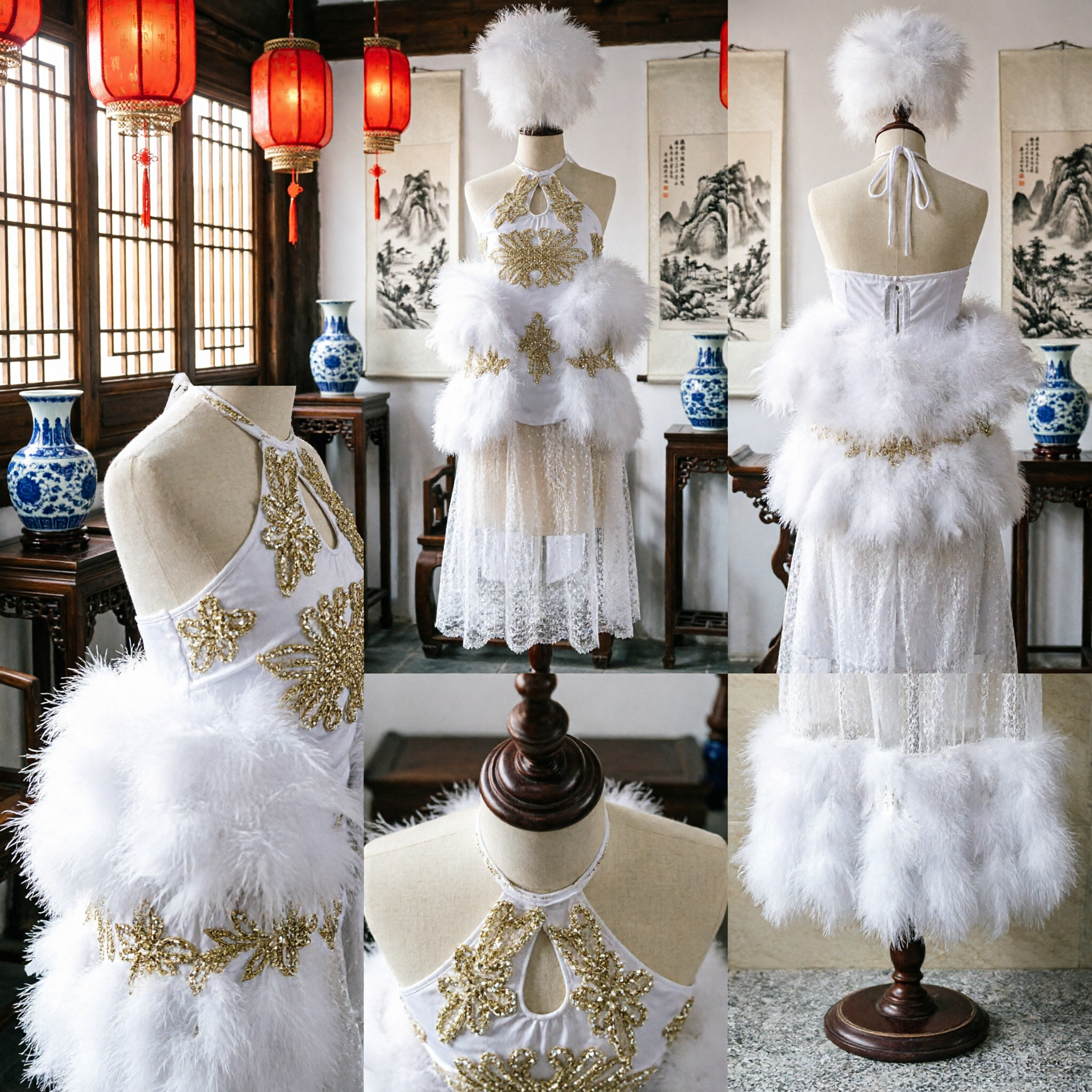 Dames Witte Veren en Rhinestone Podium Optreden Kostuum met Bijpassend Hoofddeksel voor Dansshows - Asian Costume