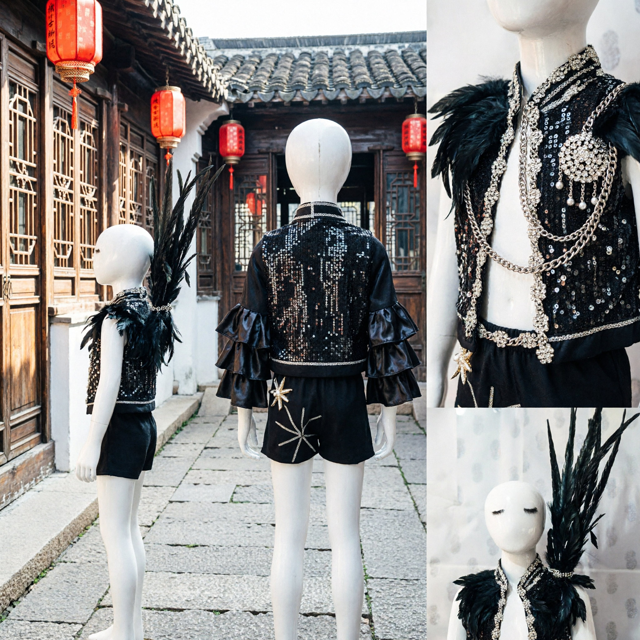 Men's Black Feather Vest and Shorts Stage Performance Costume with Headdress for Jazz Dance - Asian Costume