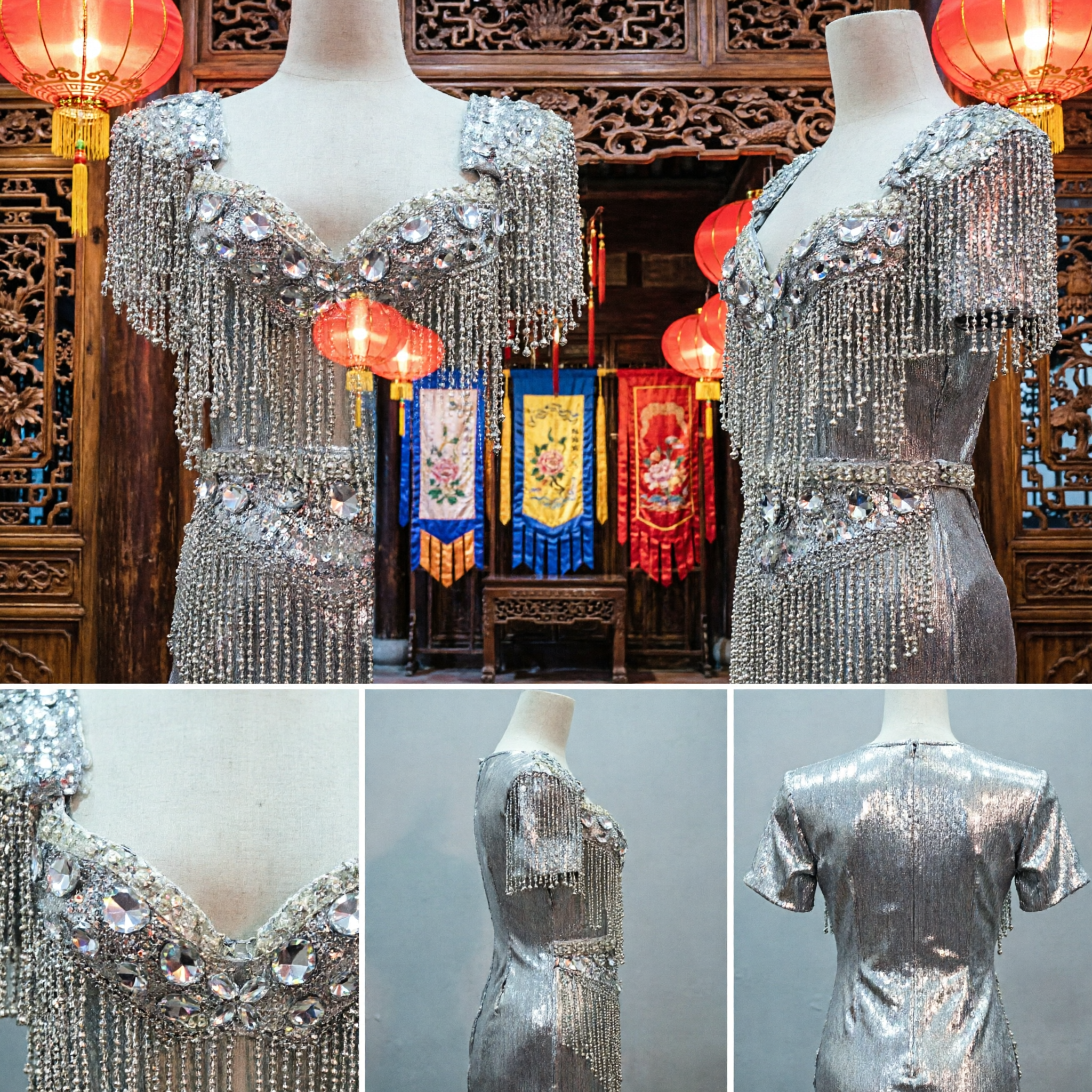 Женский серебряный бисерный костюм для танца с бахромой, комплект из двух предметов для традиционных народных сценических выступлений - Asian Costume