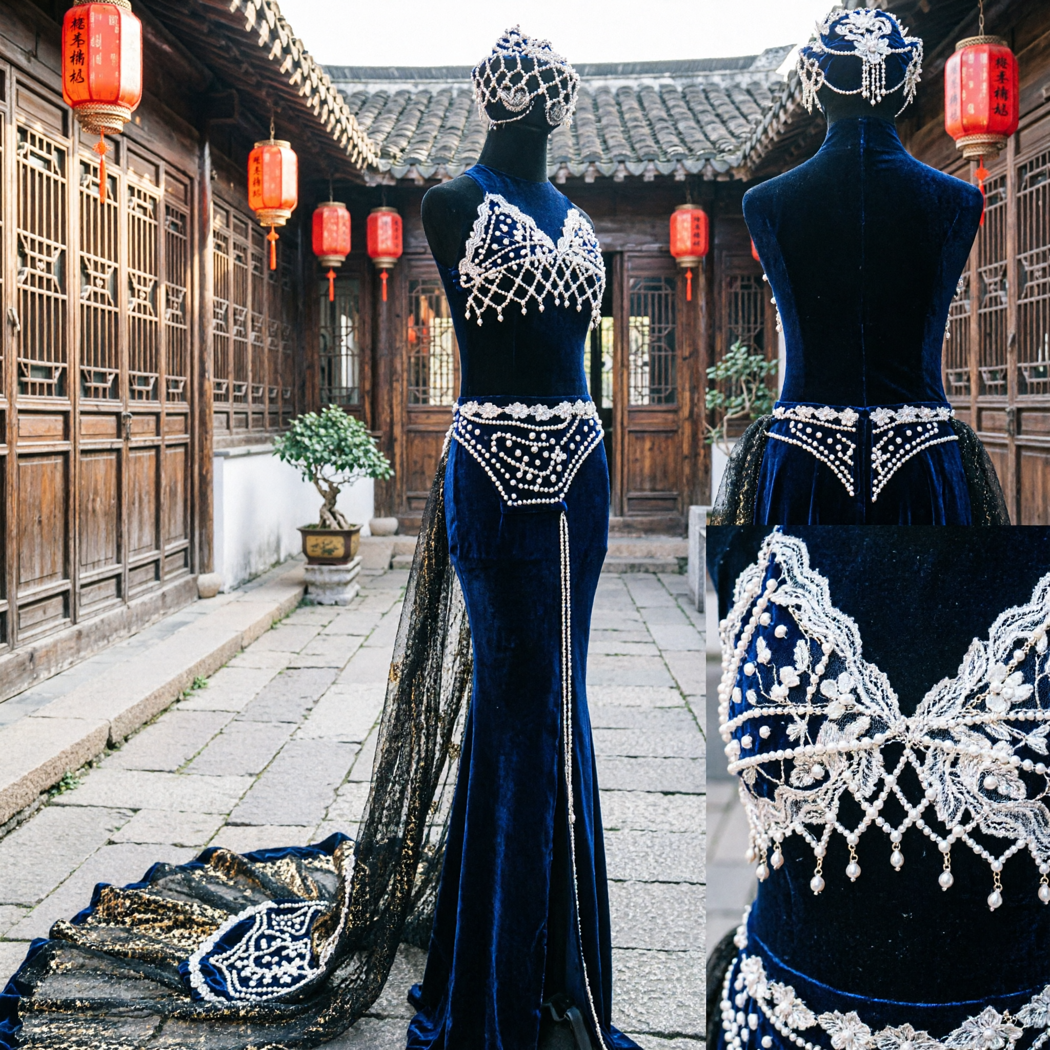 우아한 블랙 벨리댄스 의상 세트 (반짝이 브라, 벨트, 머리장식, 반짝이는 롱 스커트 포함, 여성용) - Asian Costume