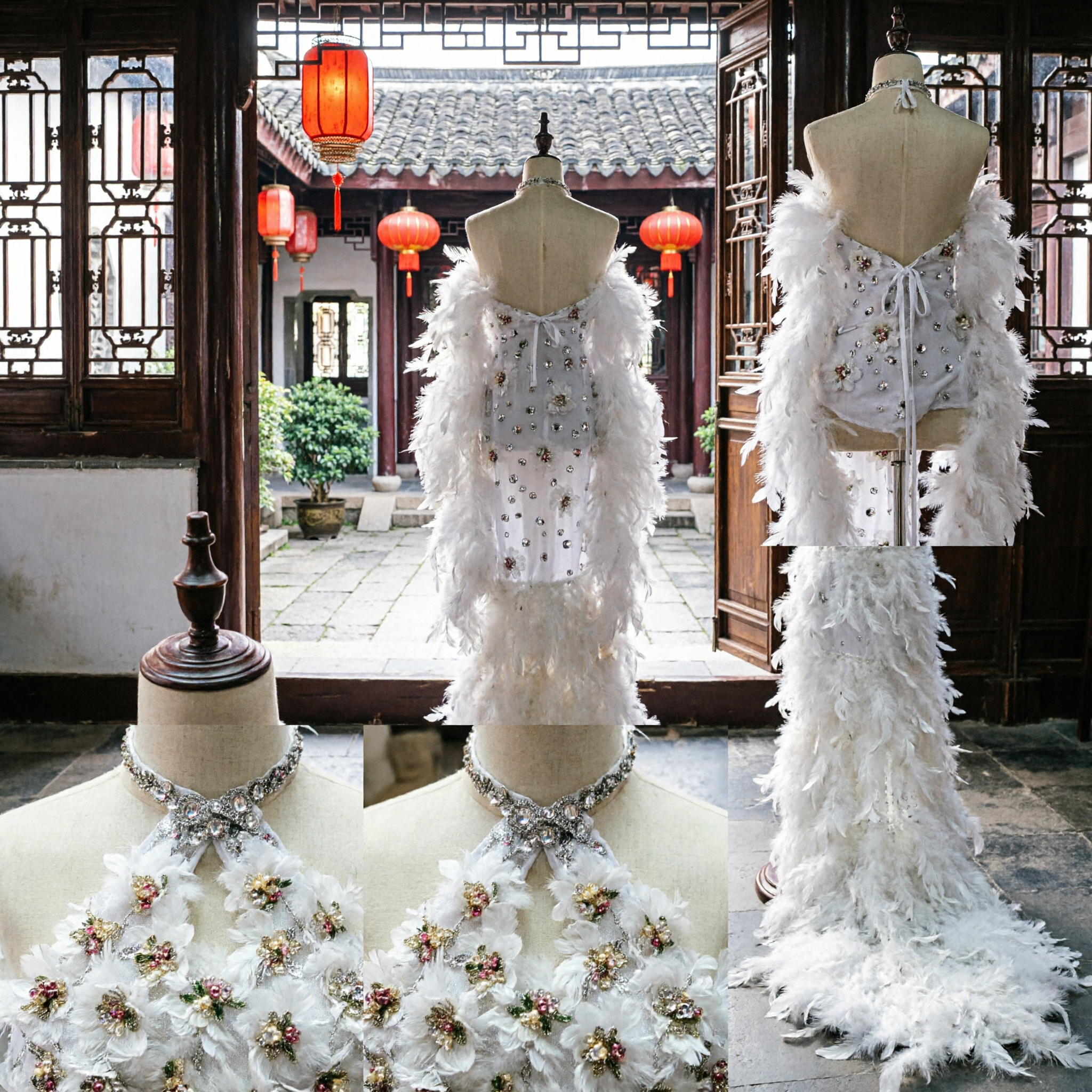 Professioneel Witte Veren Latijns-Amerikaanse Danskostuum Glinsterende Rhinestone Bloemen Halterjurk voor Samba Cabaret Podiumoptreden - Asian Costume