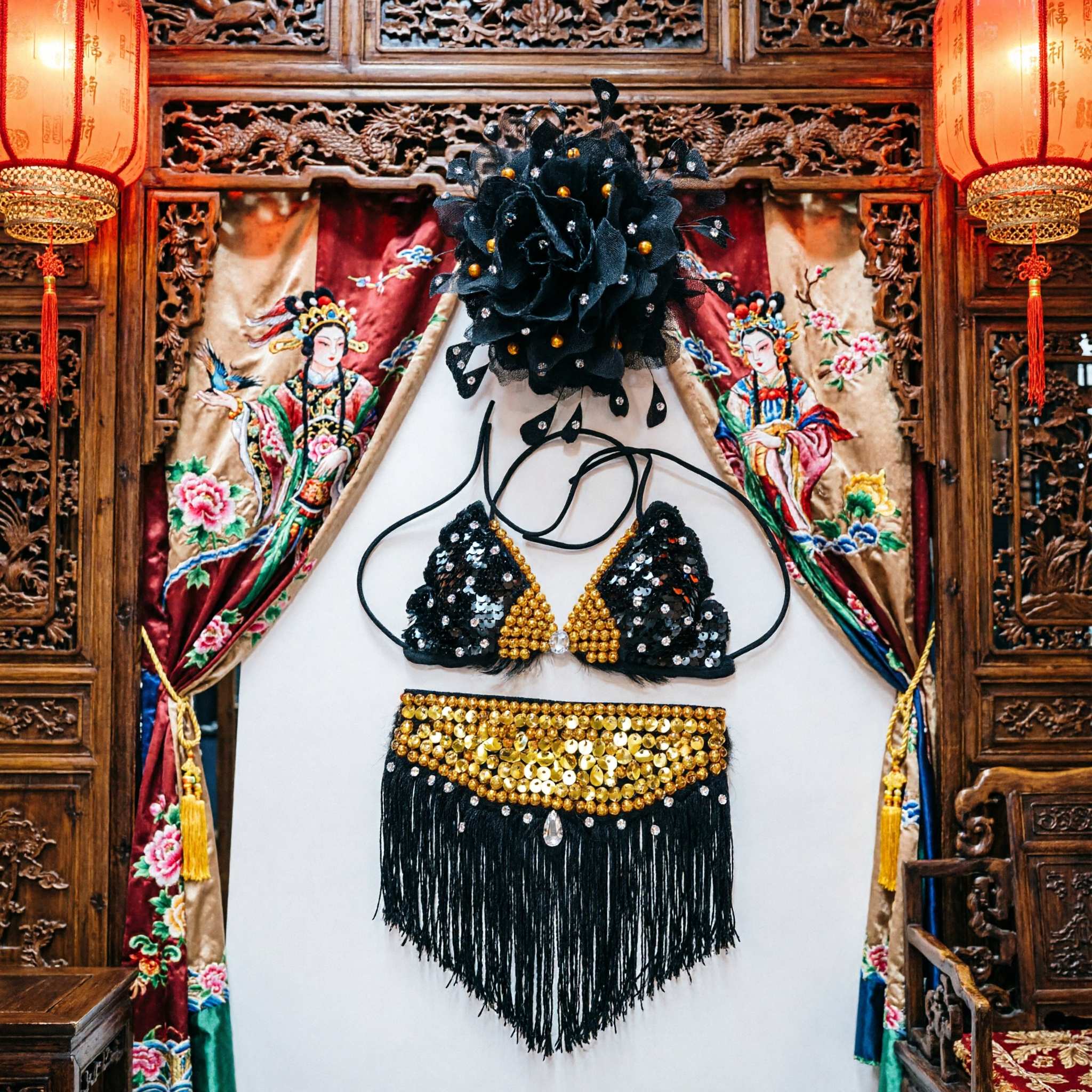 Set Copricapo e Pectorale di Piume Nere con Cristalli per Costume da Spettacolo Cabaret Burlesque per Donna - Asian Costume