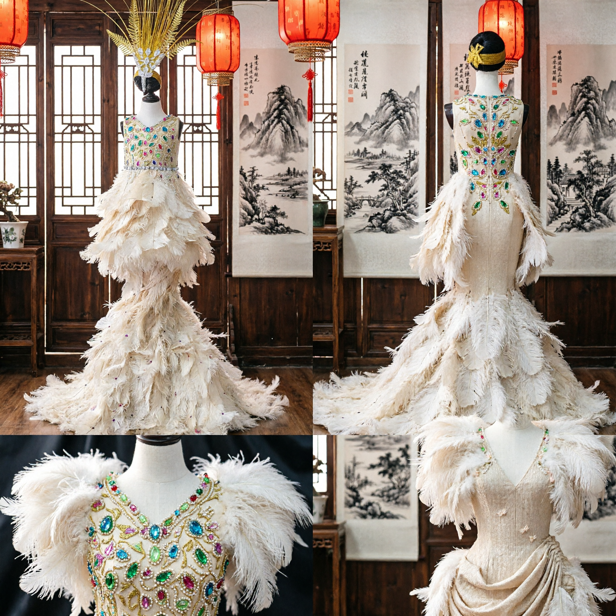 Dames Luxe Witte Veren Zeemeermin Carnavalskostuum met Gouden Hoofdtooi voor Samba Danseres Podiumoptreden Showgirl Outfit - Asian Costume