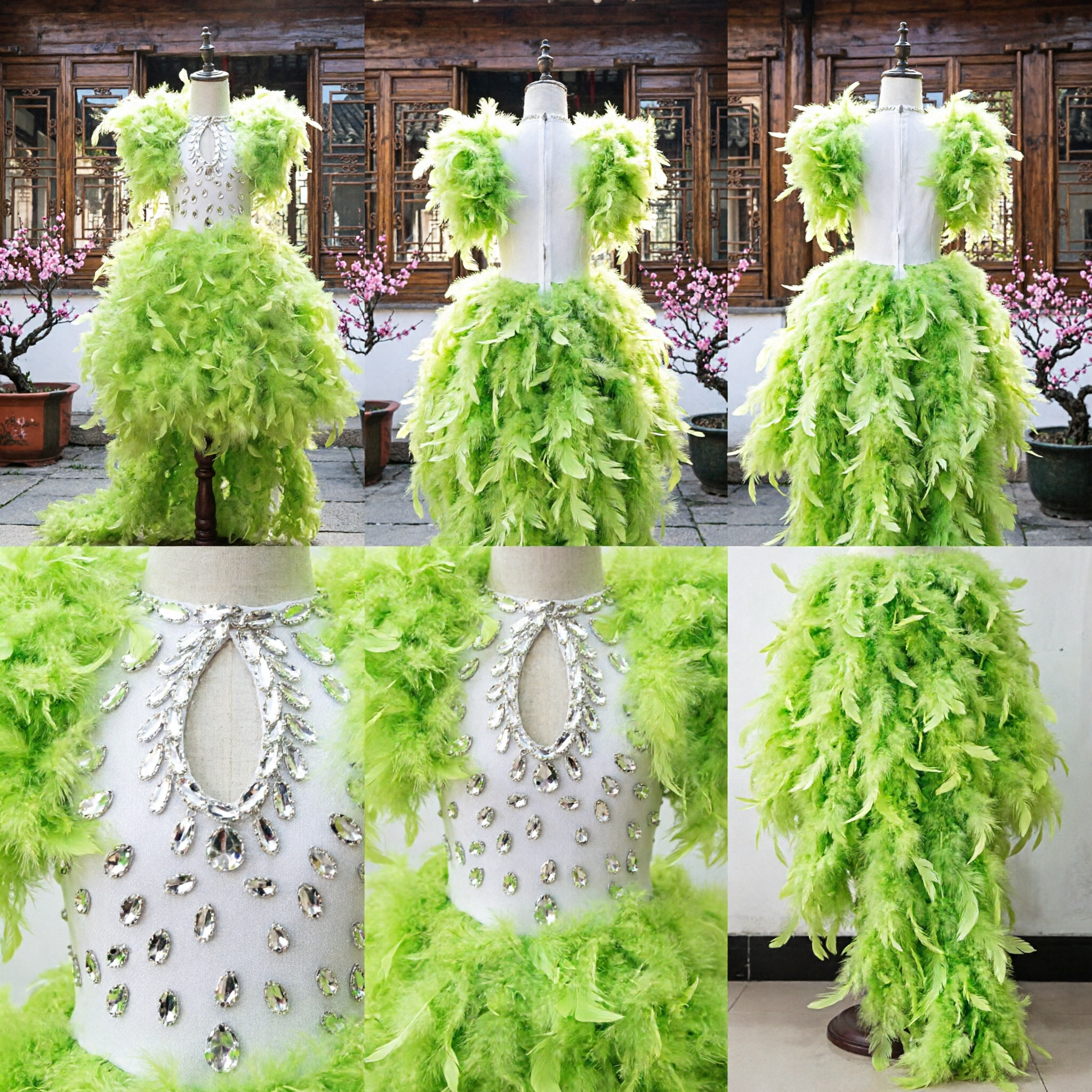 Robe de danse latine professionnelle en plumes vert lime pour femmes avec strass pour compétition de salsa et spectacle de salon - Asian Costume