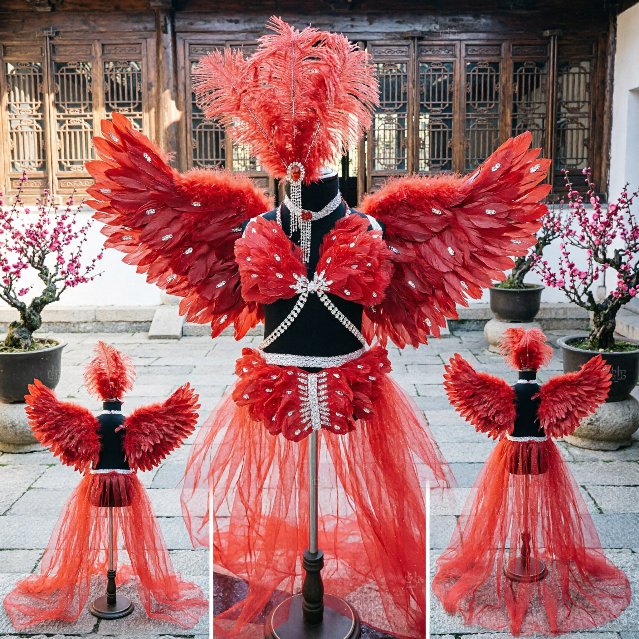 Dames Rode Veren Showgirl Kostuum Set met Grote Vleugels Hoofdtooi en Tule Rok voor Carnaval Dansoptreden - Asian Costume