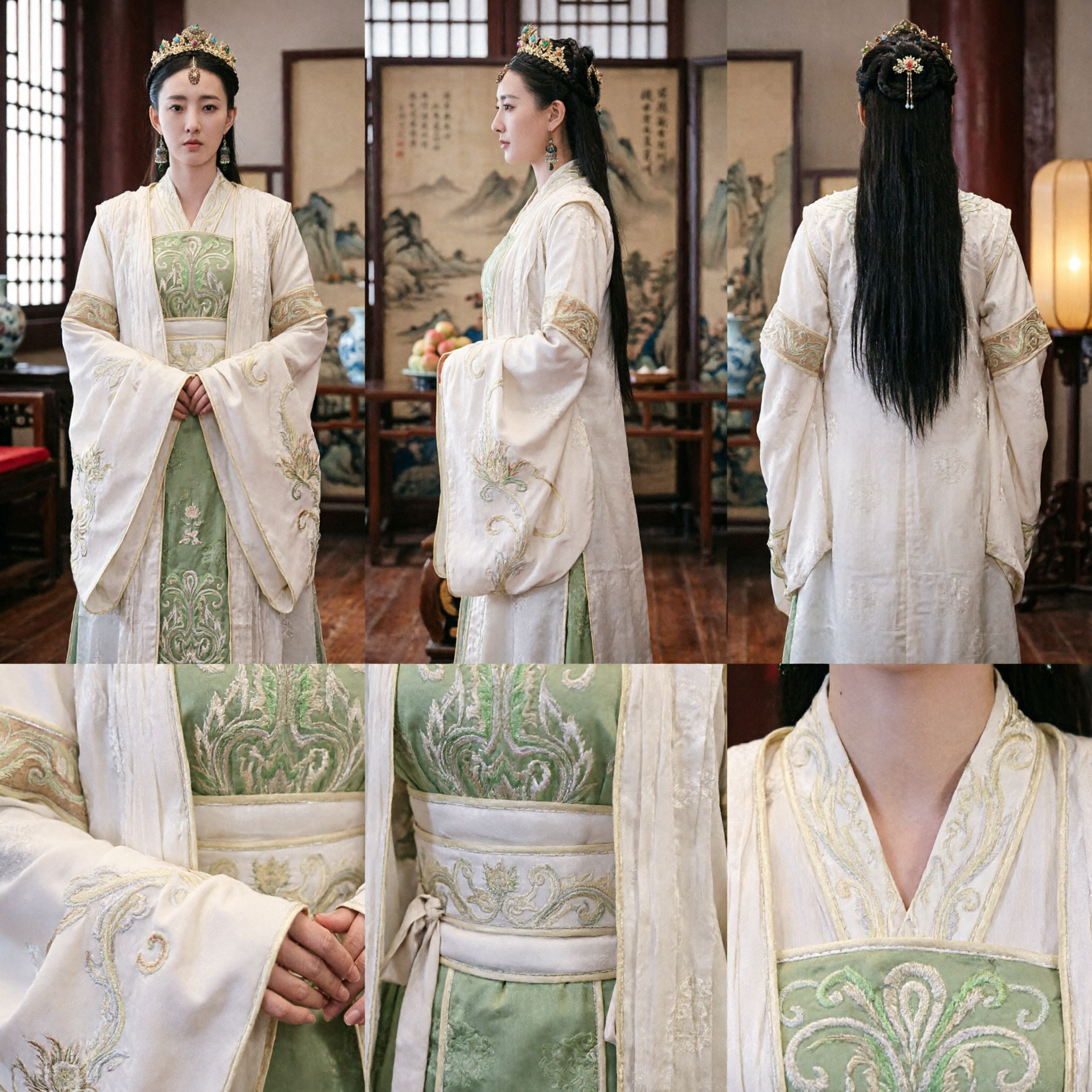 Hanfu Tradizionale Cinese Elegante, Costume da Nobildonna Antica, Abito Bianco e Verde Ricamato per Cosplay Donna - Asian Costume