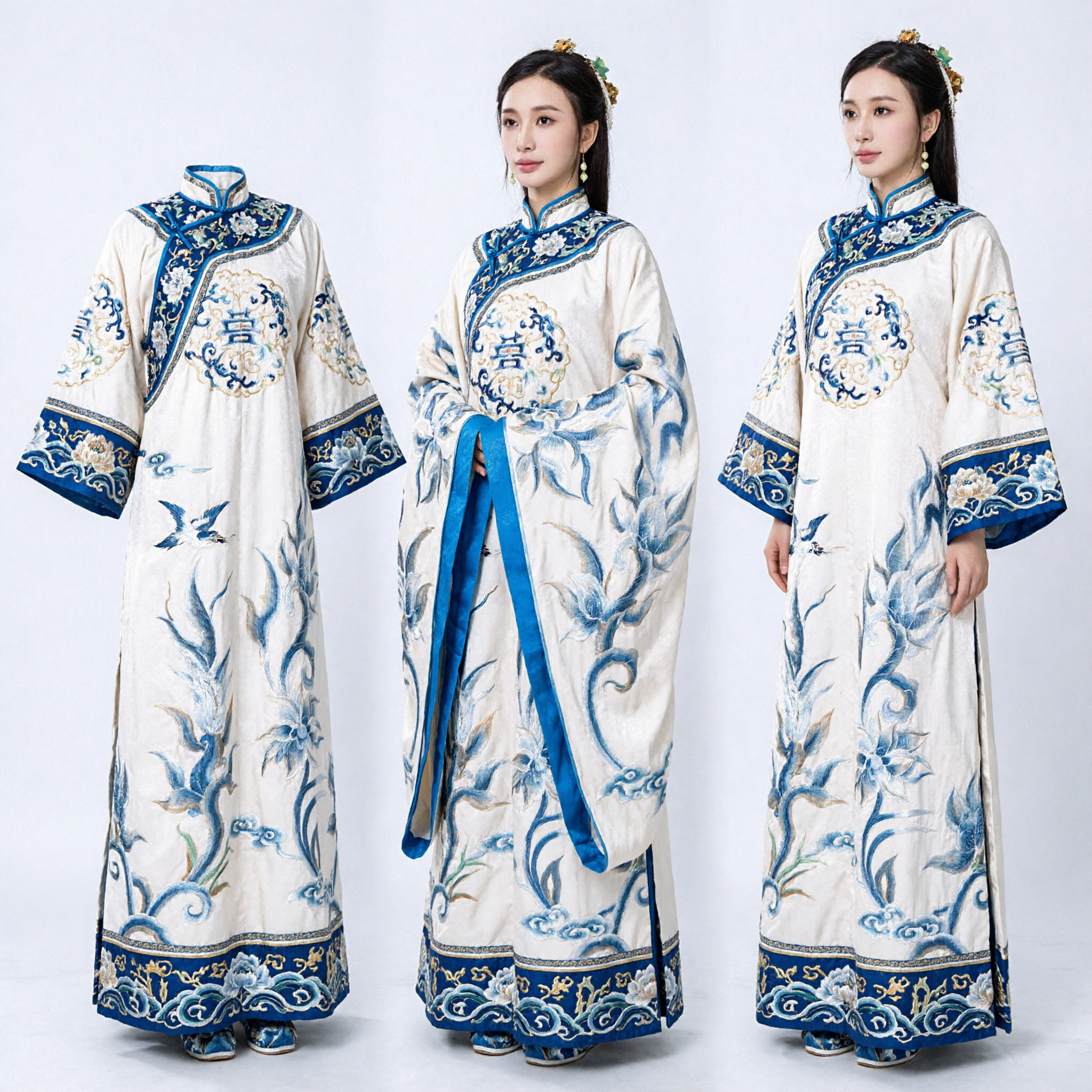 Costume Hanfu Chinois Traditionnel - Robe Ancienne de Dame du Palais à Manches Larges Bleue et Blanche à Motifs Floraux pour Femmes - Asian Costume