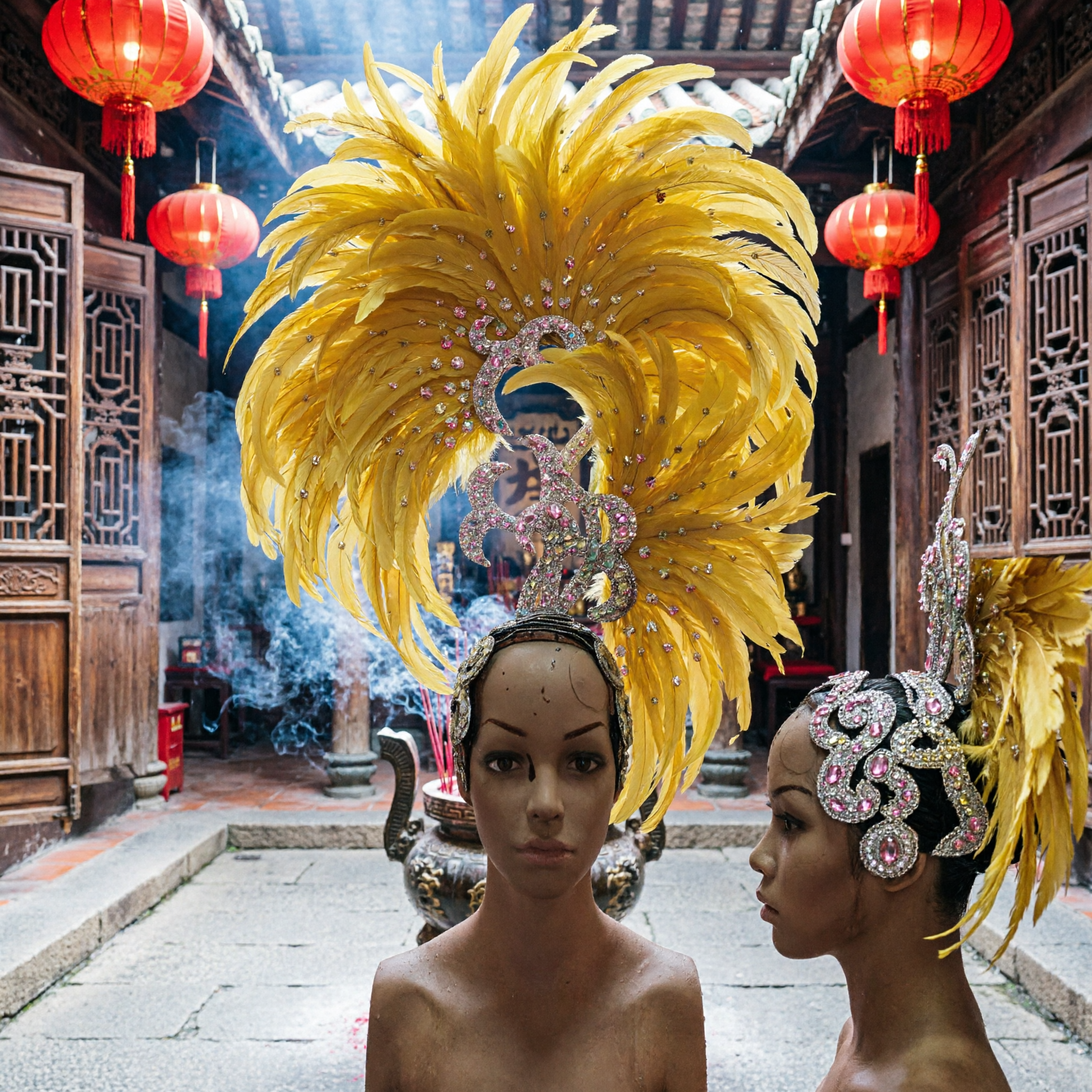 大輪イエローフェザーヘッドドレス ラインストーンドラゴンセンターピース付き カーニバルサンバダンサー用ステージパフォーマンス衣装 - Asian Costume