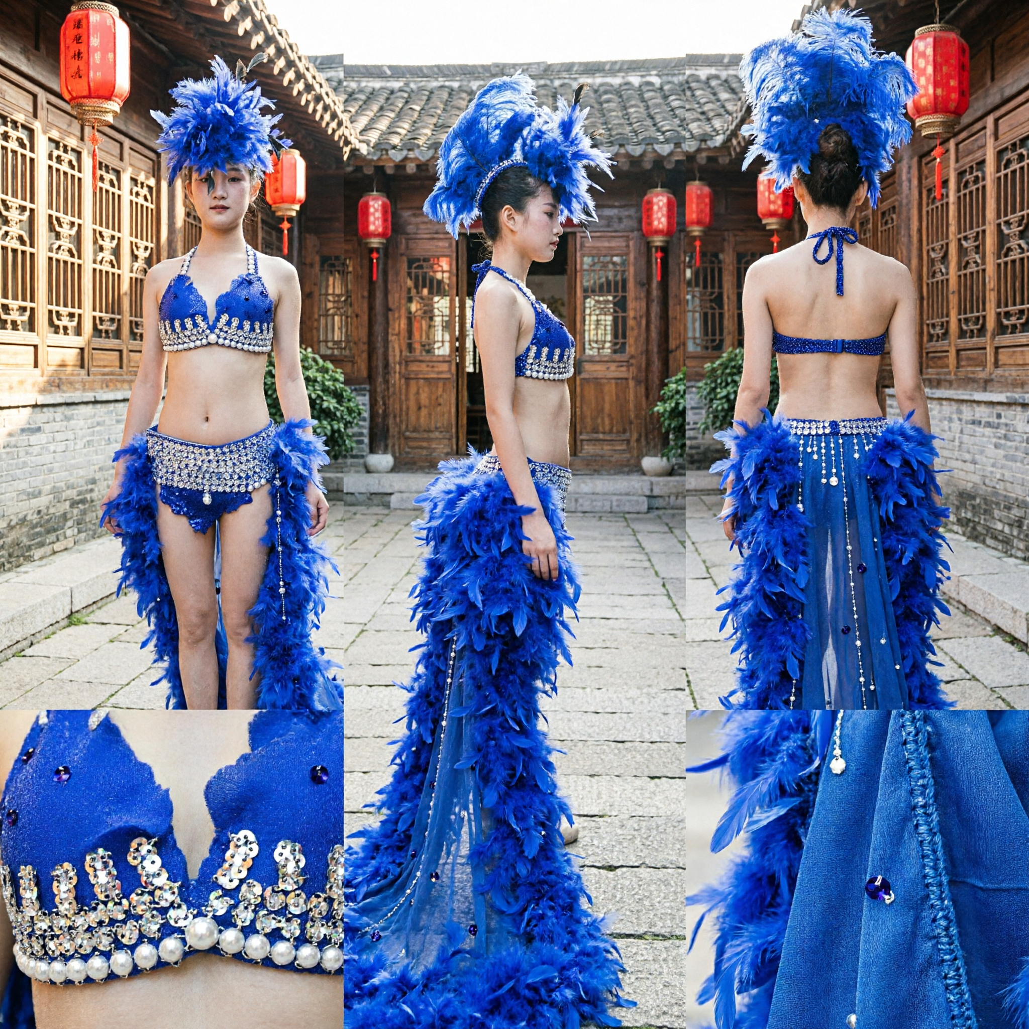 Królewski Niebieski Kostium Samba Karnawałowy z Pióropuszowym Hełmem i Kompletem Bikini z Kryształami dla Kobiet Występ Sceniczny - Asian Costume