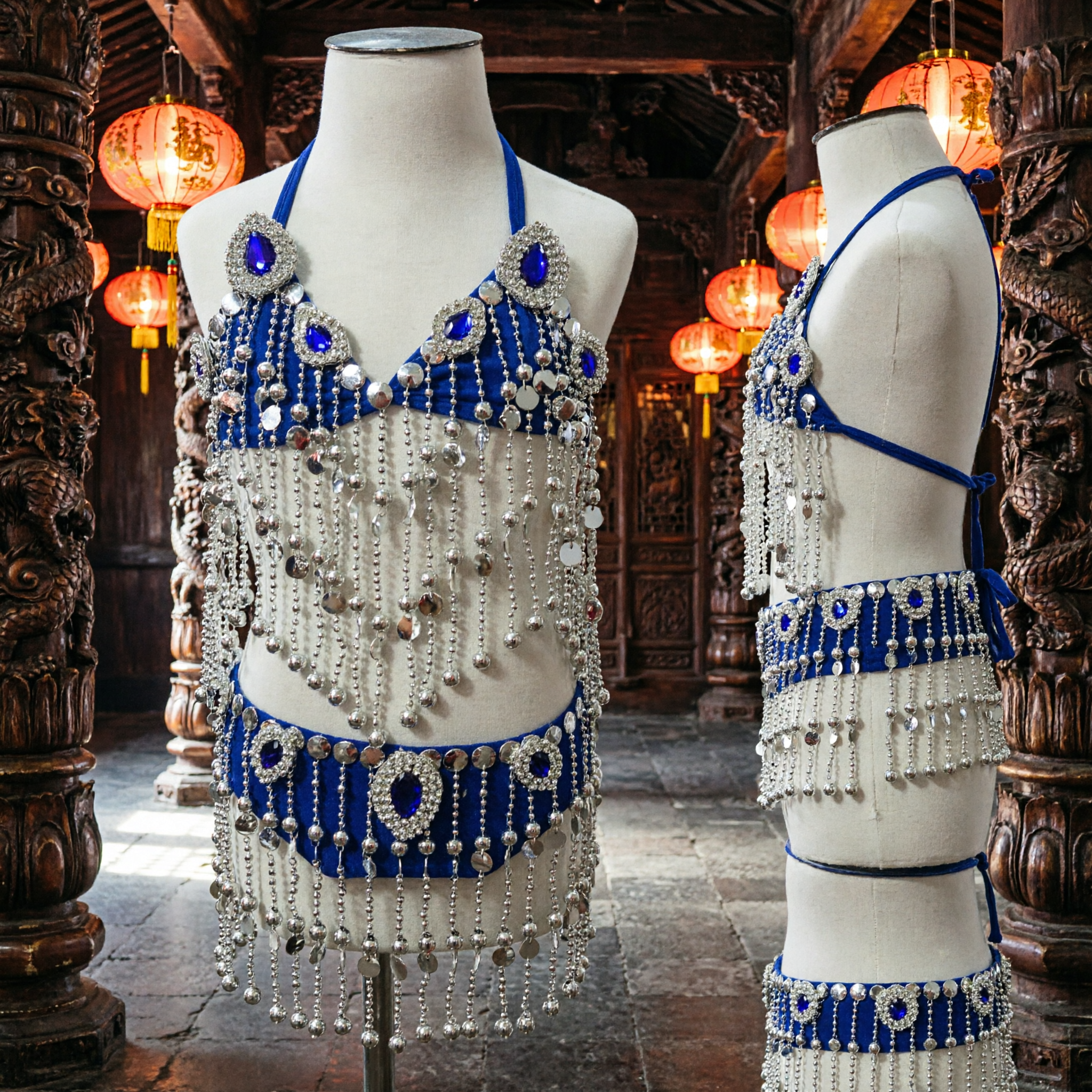 Top Bralier con Perline Blu Reale Costume Danza del Ventre Burlesque con Frange Lunghe per Donne Artiste - Asian Costume