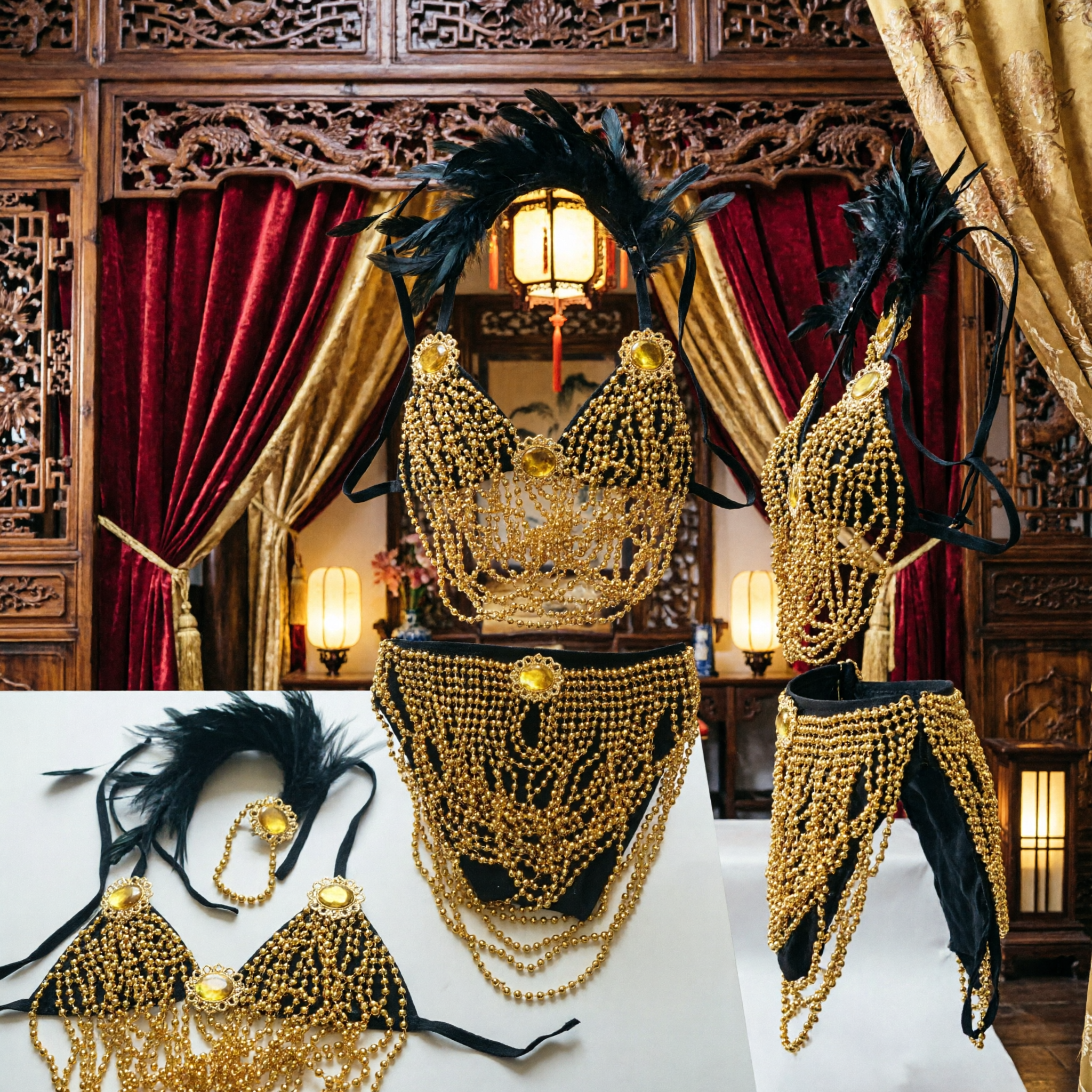 مجموعة زي رقص البطن الذهبي للنساء مع هدب أسود وتاج رأس من الريش لأداء كرنفال السامبا - Asian Costume