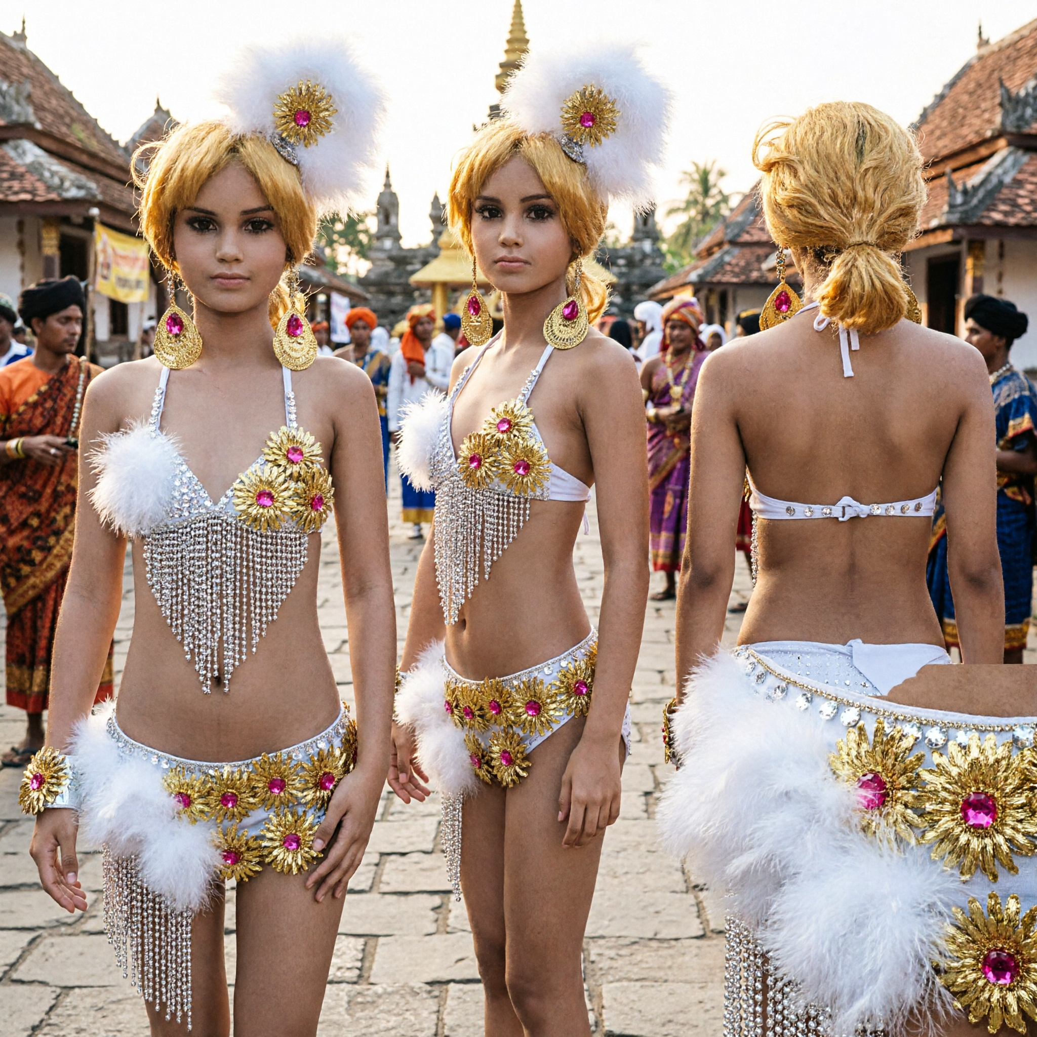 زي رقص السامبا الكرنفالي الذهبي والأبيض للنساء مع الريش والراينستون لعروض فتاة الاستعراض على المسرح - Asian Costume