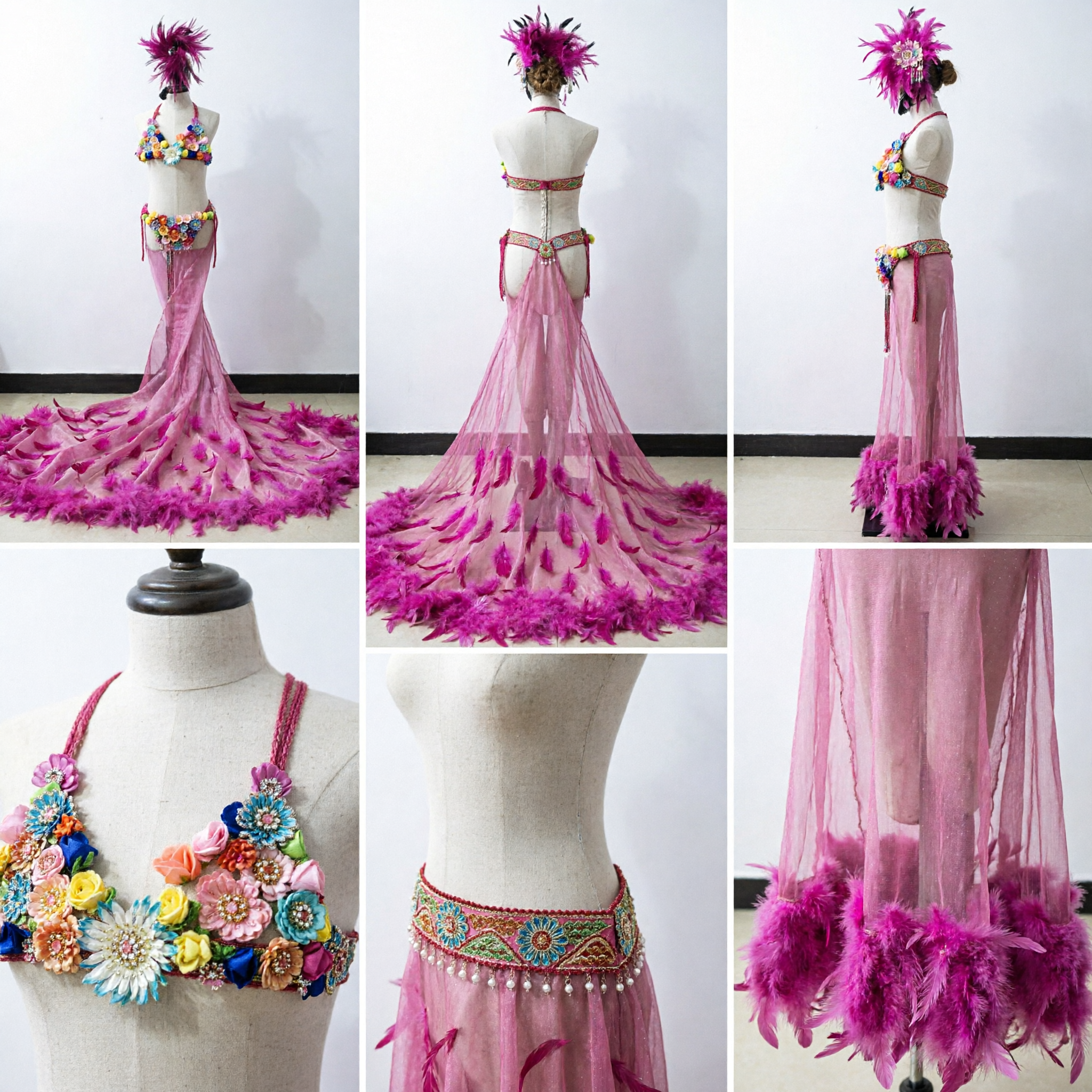 Fantasia de Carnaval de Penas Roxa Vibrante para Mulheres, Traje de Showgirl de Dança Samba com Top Floral e Saia de Sereia - Asian Costume