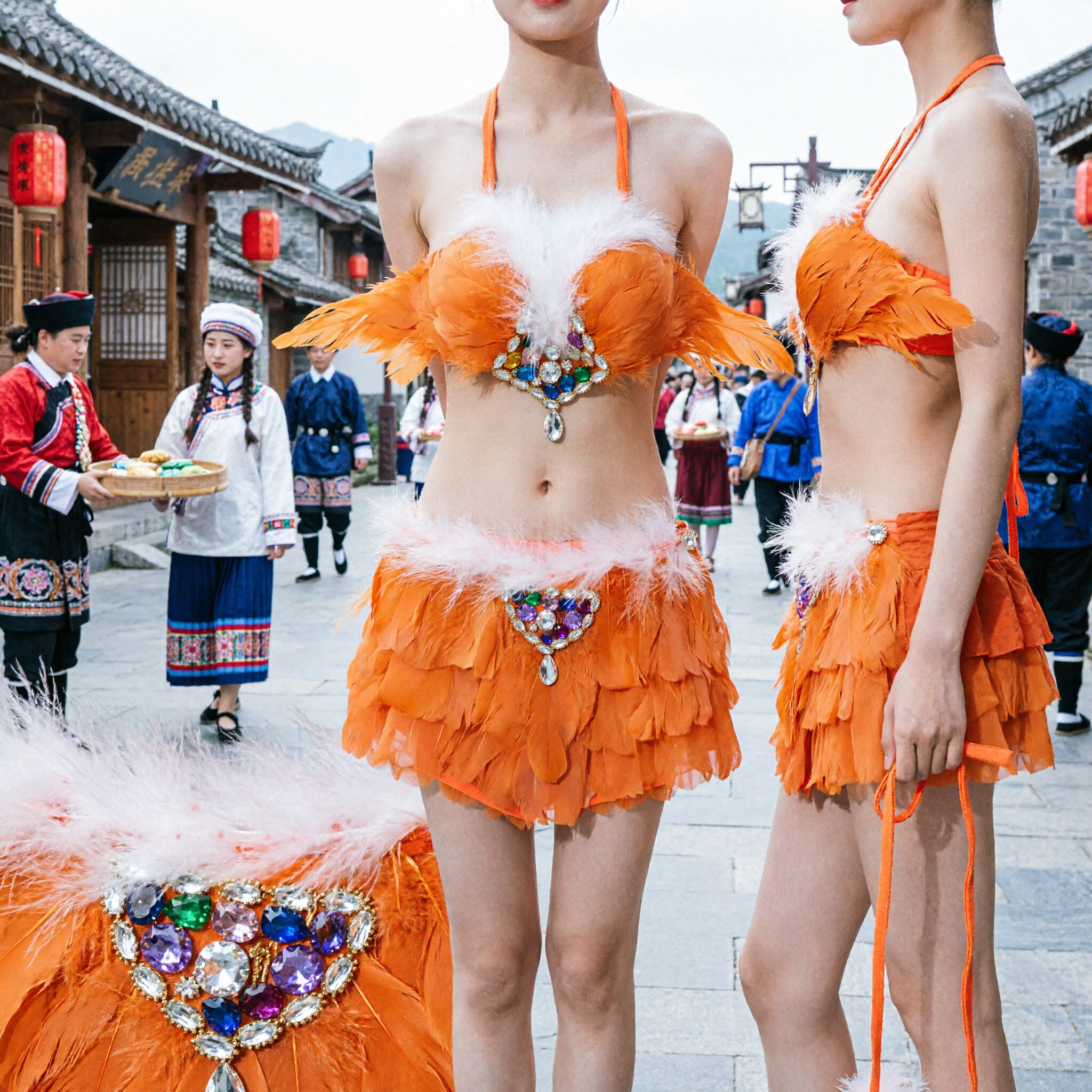 鮮やかなオレンジフェザーサンバカーニバル衣装セット ラインストーン付き 女性用ステージパフォーマンス・ダンスショー - Asian Costume