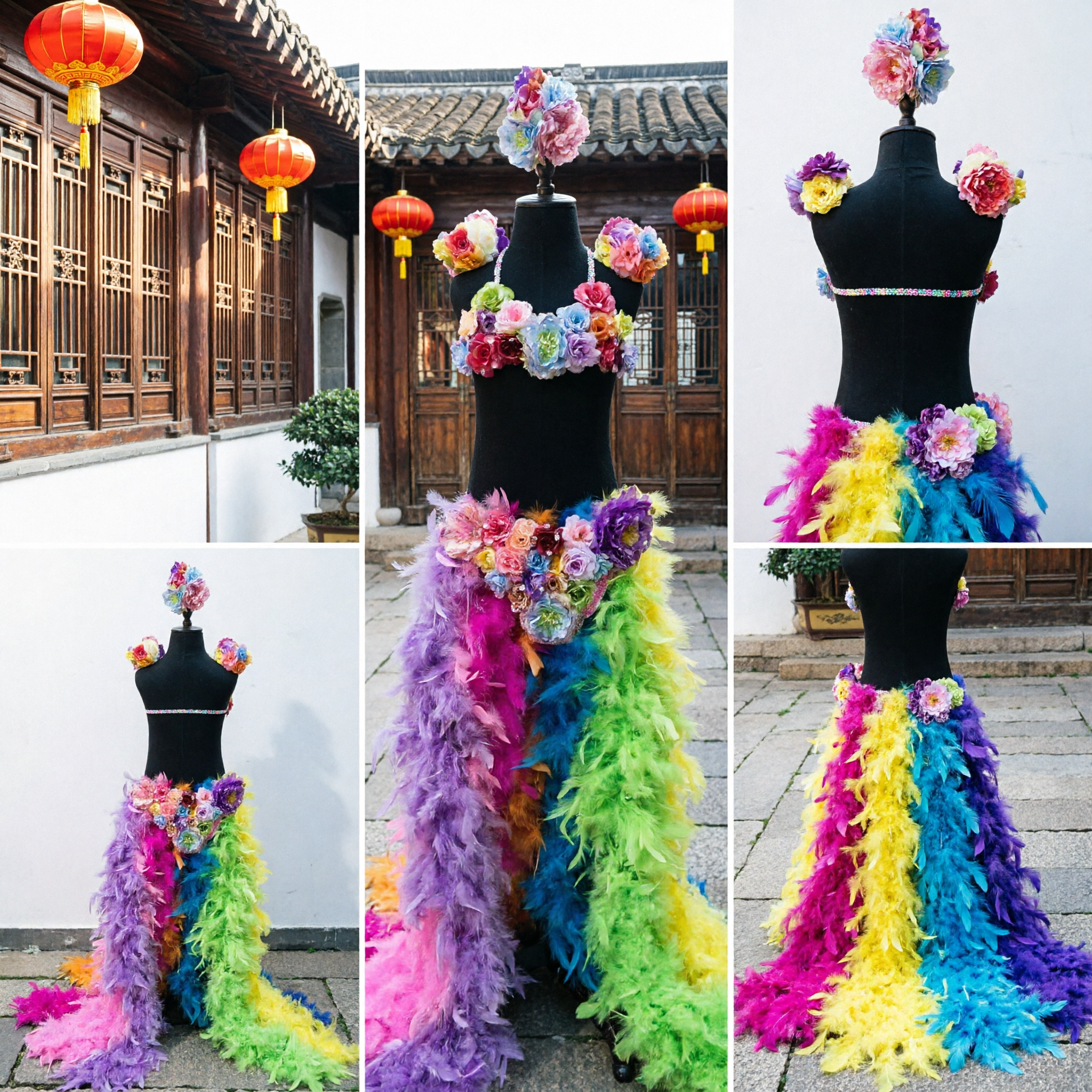 Kolorowy Kwiatowy Pióropuszowy Komplet Spódnicy Hula z Naszyjnikiem i Nakryciem Głowy dla Kobiet na Występ Samba Karnawałowy - Asian Costume