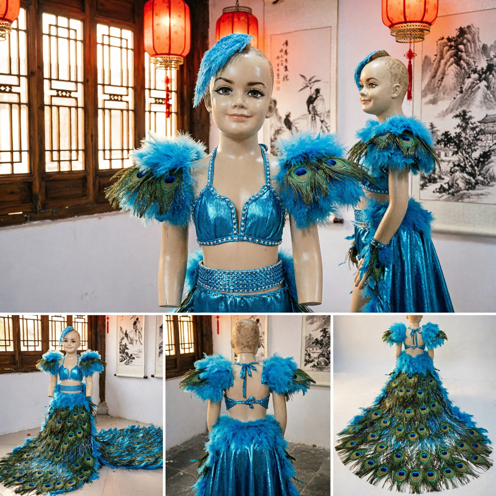 Costume Danza con Piume di Pavone Blu per Bambine Abito Tradizionale da Scena con Lunga Coda - Asian Costume