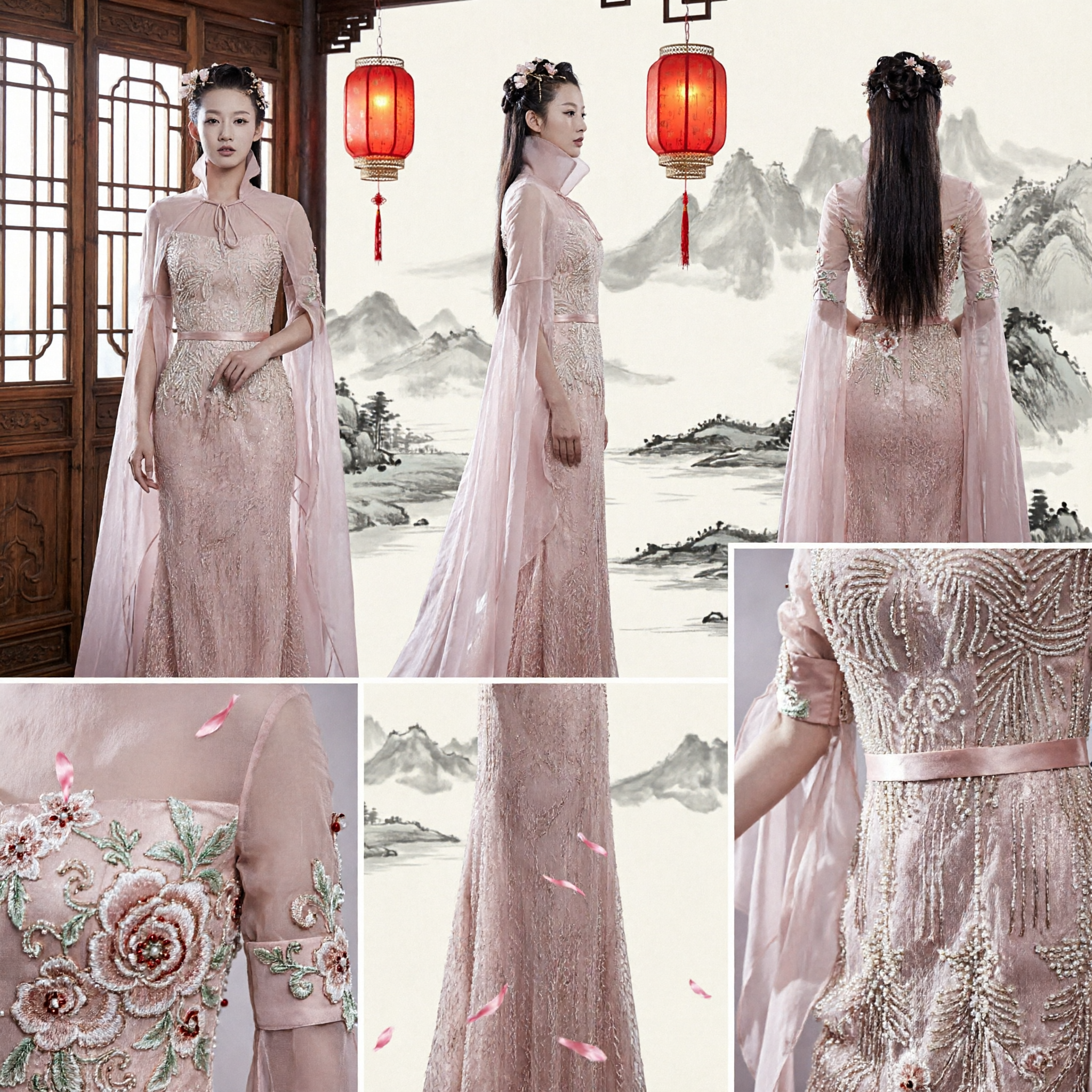 Robe traditionnelle chinoise élégante en dentelle rose pour femmes, tenue de soirée formelle et de performance scénique avec manches fluides - Asian Costume