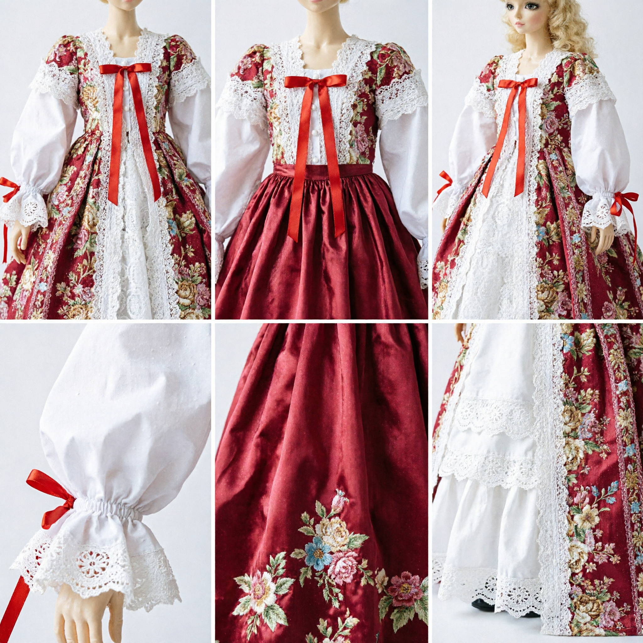 Vestido Elegante para Boneca BJD em Estilo Barroco Vermelho com Estampa Floral Dourada e Renda Branca para Colecionadores - Asian Costume
